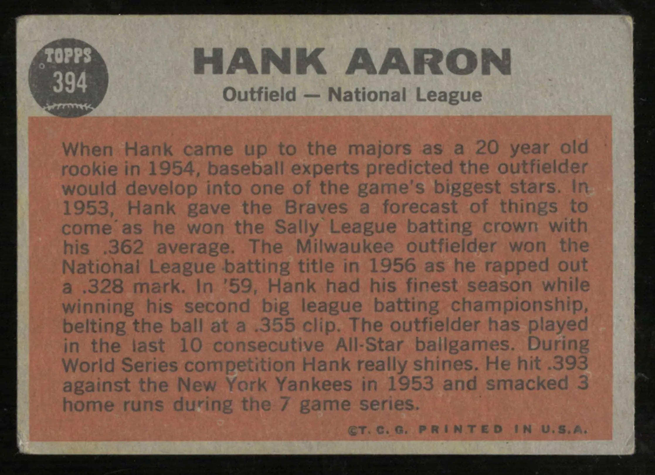 1962 Topps Vintage Baseball The Sporting News All-Star Hank Aaron 