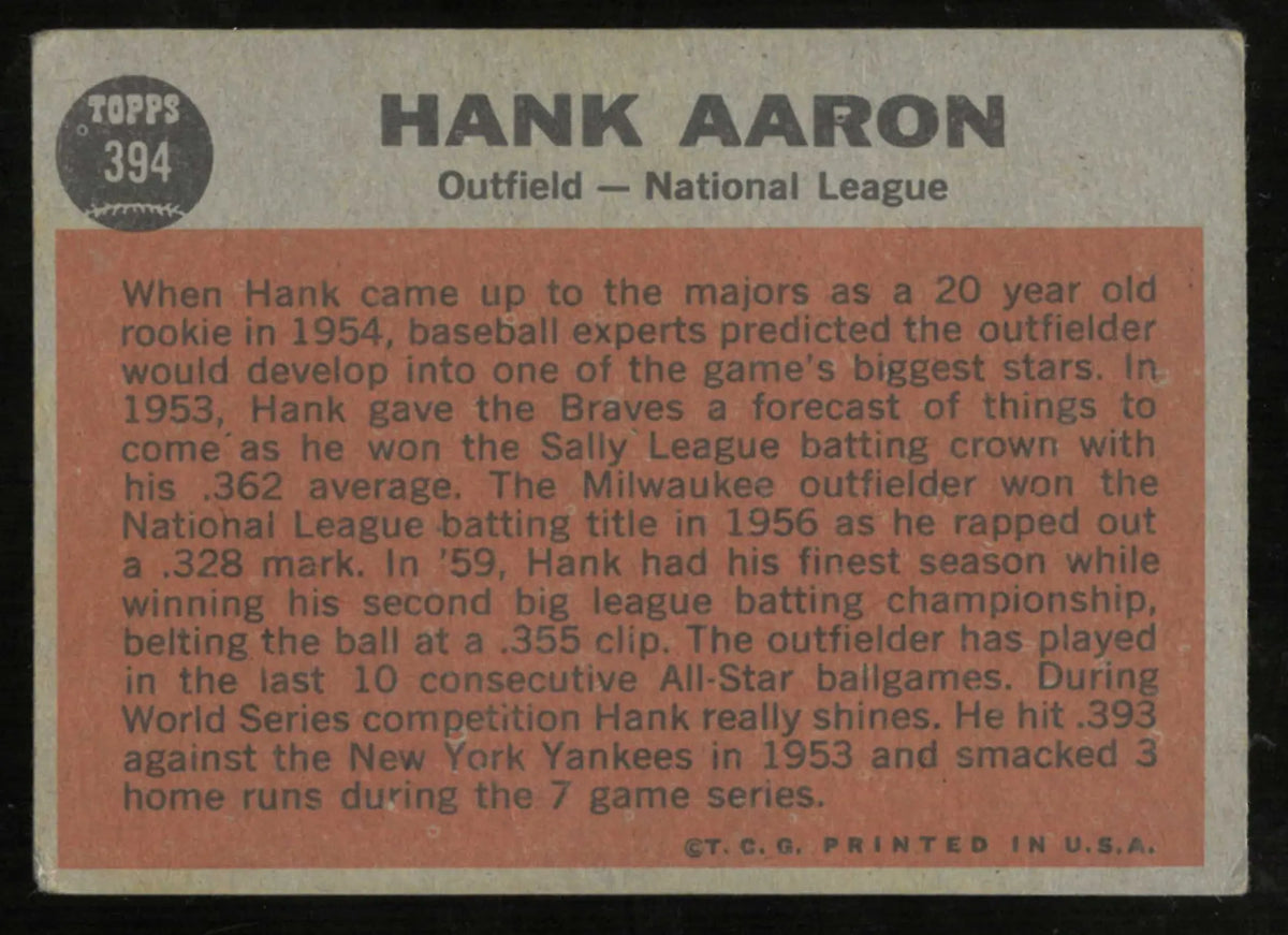 1962 Topps Vintage Baseball The Sporting News All-Star Hank Aaron 