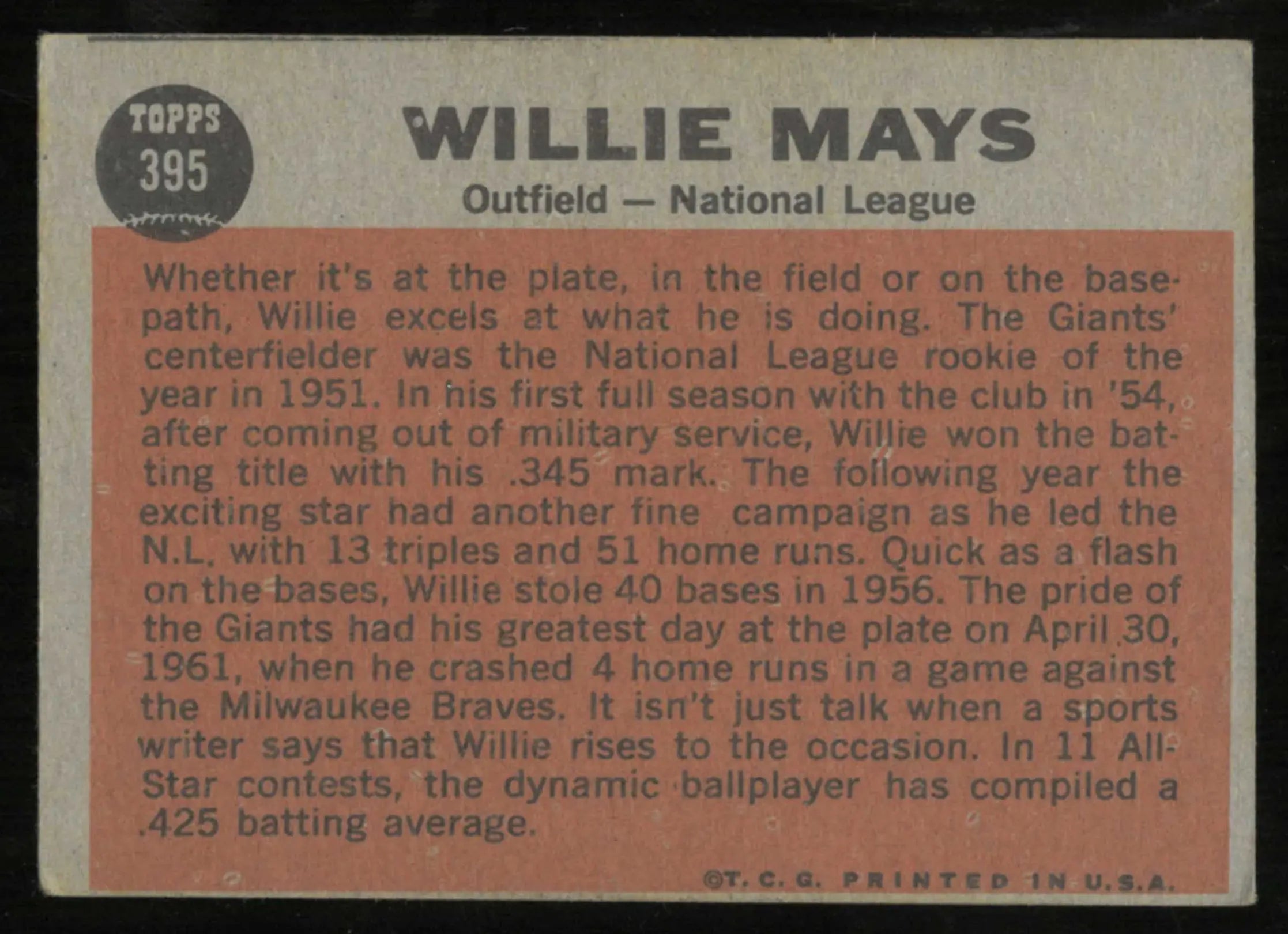 1962 Topps Vintage Baseball The Sporting News All-Star Willie Mays 