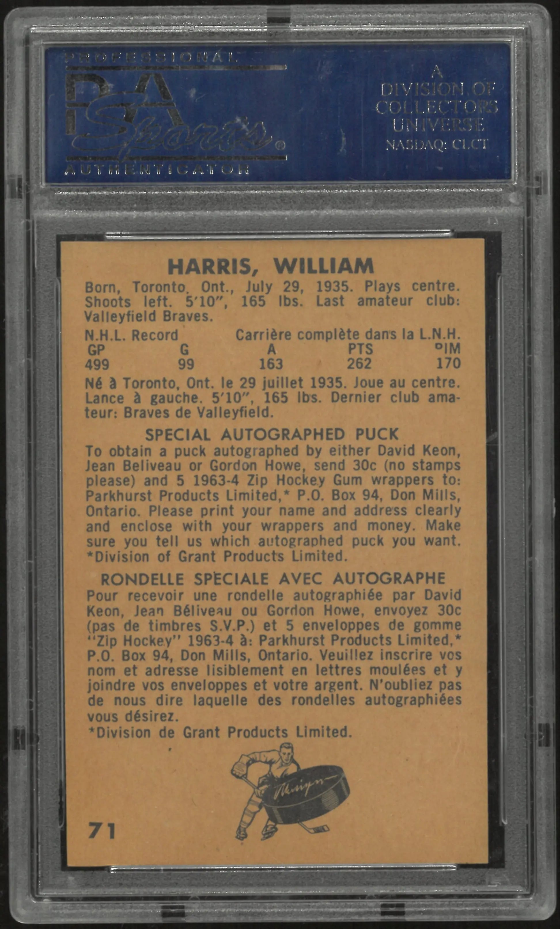 1963 Parkhurst Billy Harris PSA 8 