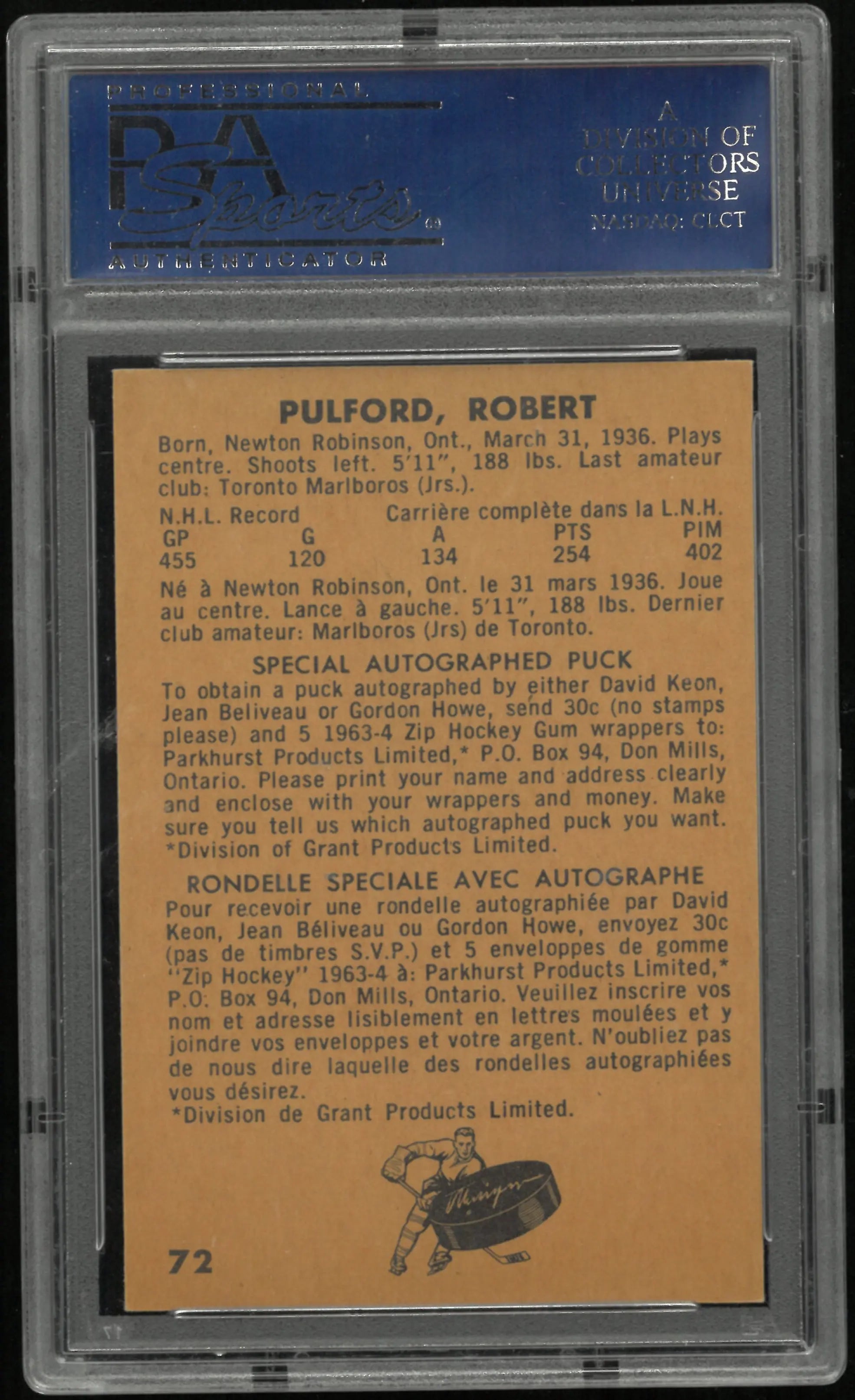 1963 Parkhurst Bob Pulford PSA 8 