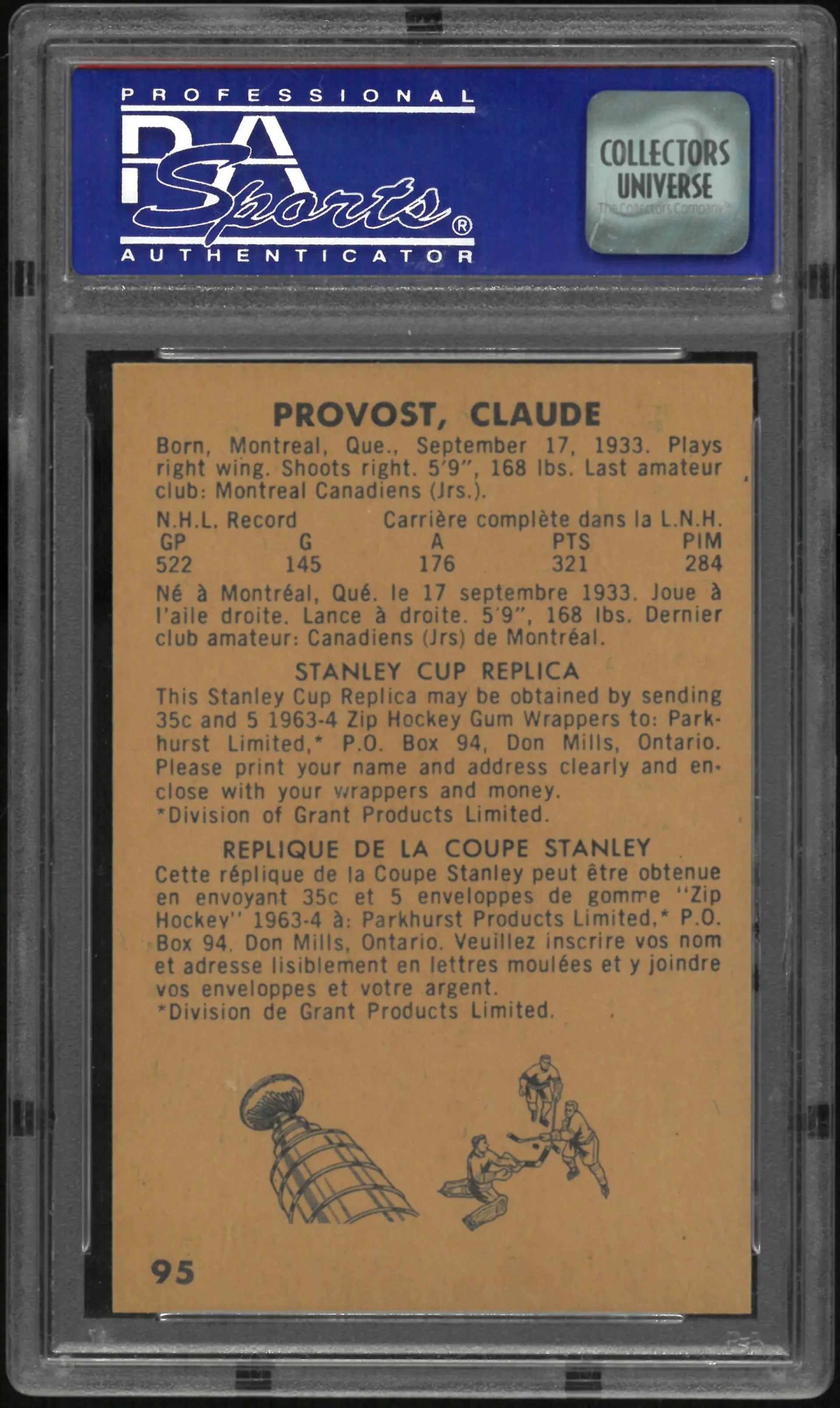 1963 Parkhurst Claude Provost PSA 8 