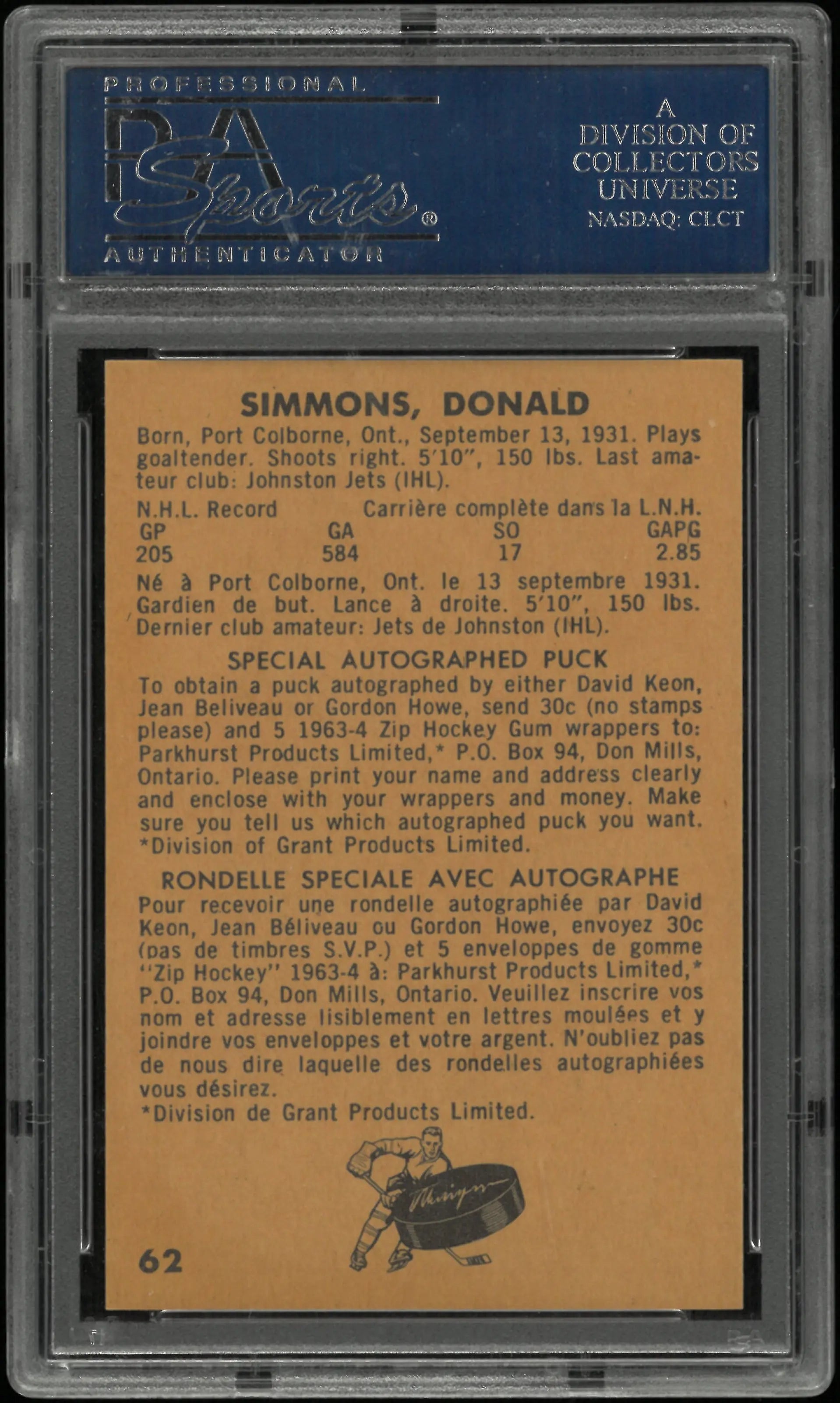 1963 Parkhurst Don Simmons PSA 8 