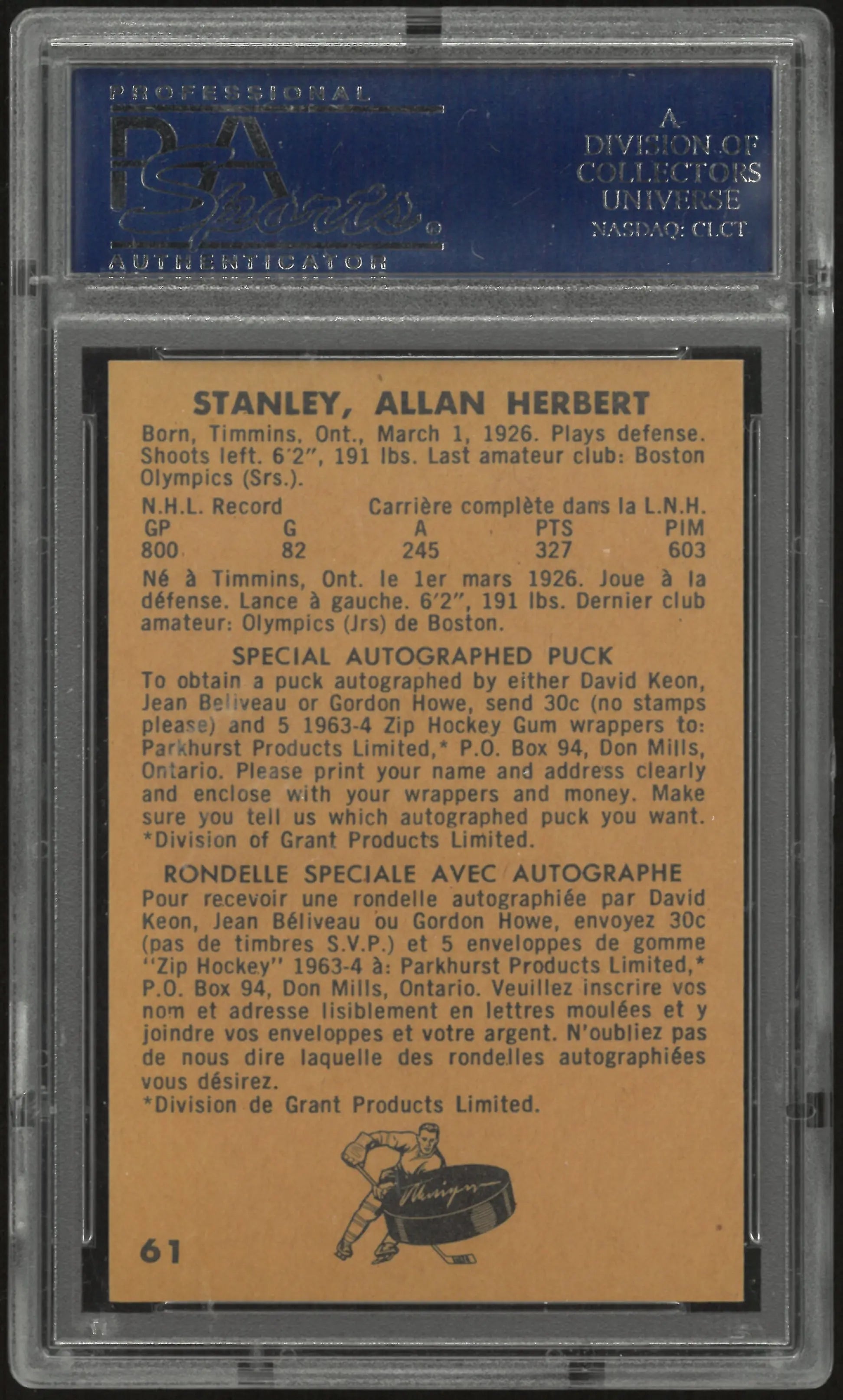 1963 Parkhurst Hockey Allan Stanley PSA 8 