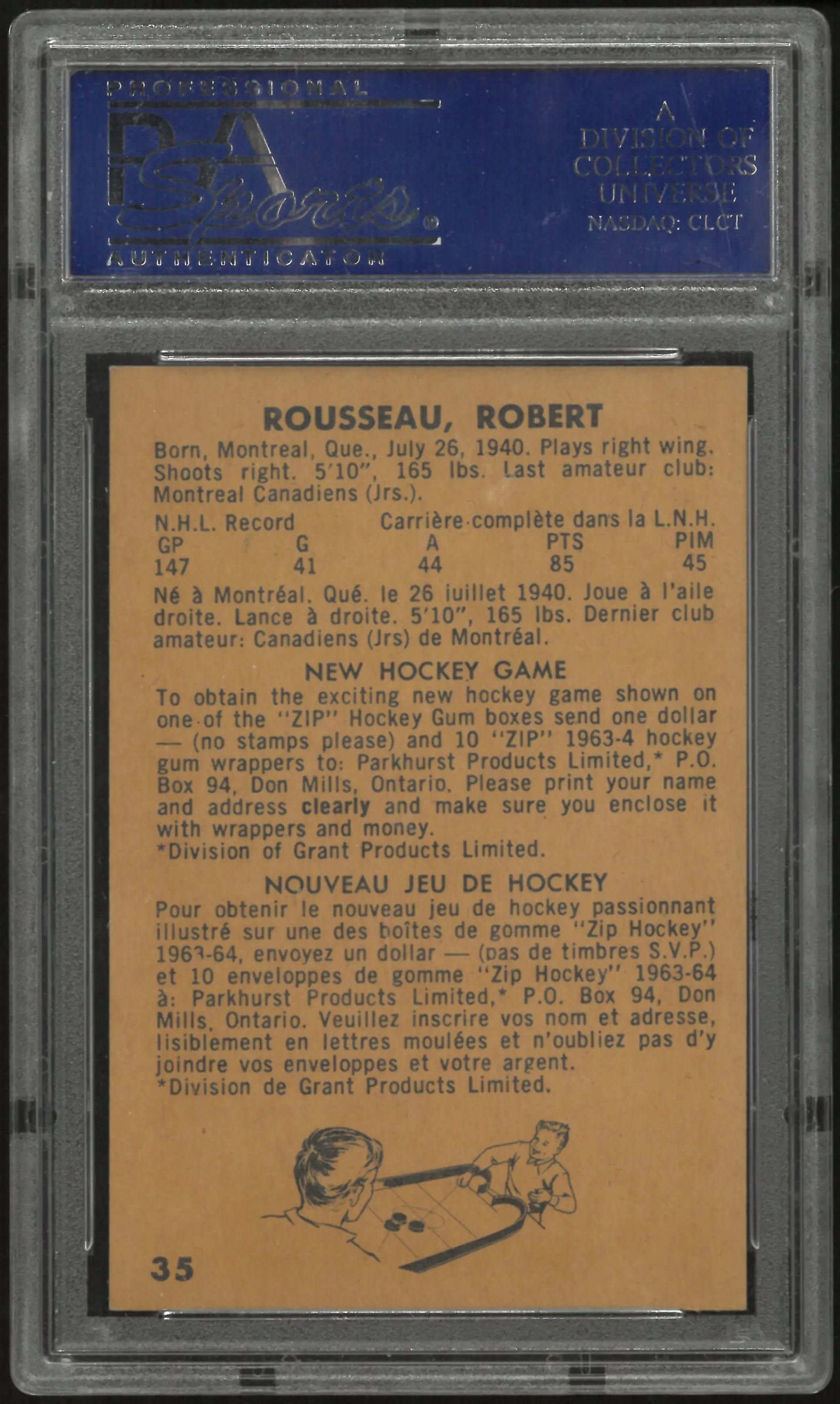 1963 Parkhurst Hockey Bobby Rousseau PSA 8 