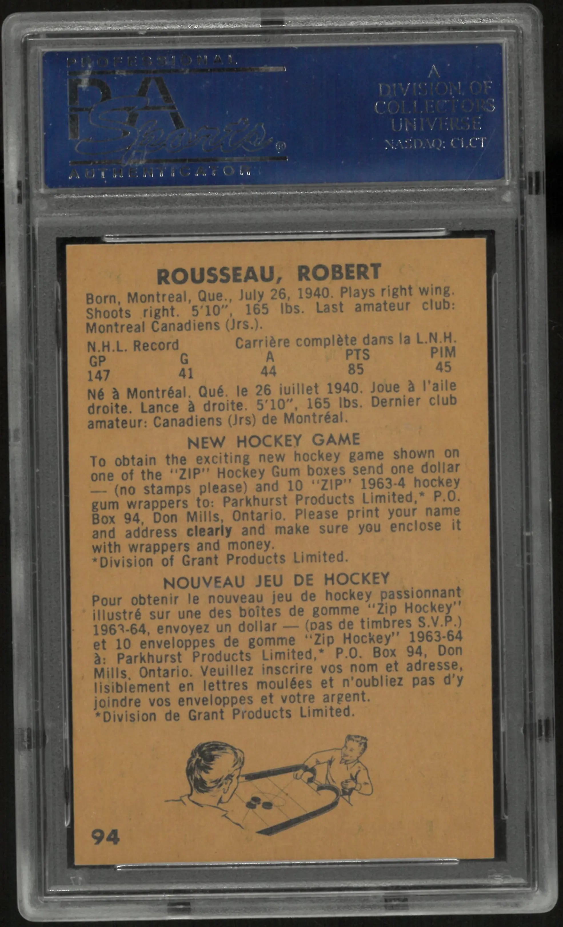 1963 Parkhurst Hockey Bobby Rousseau PSA 8 