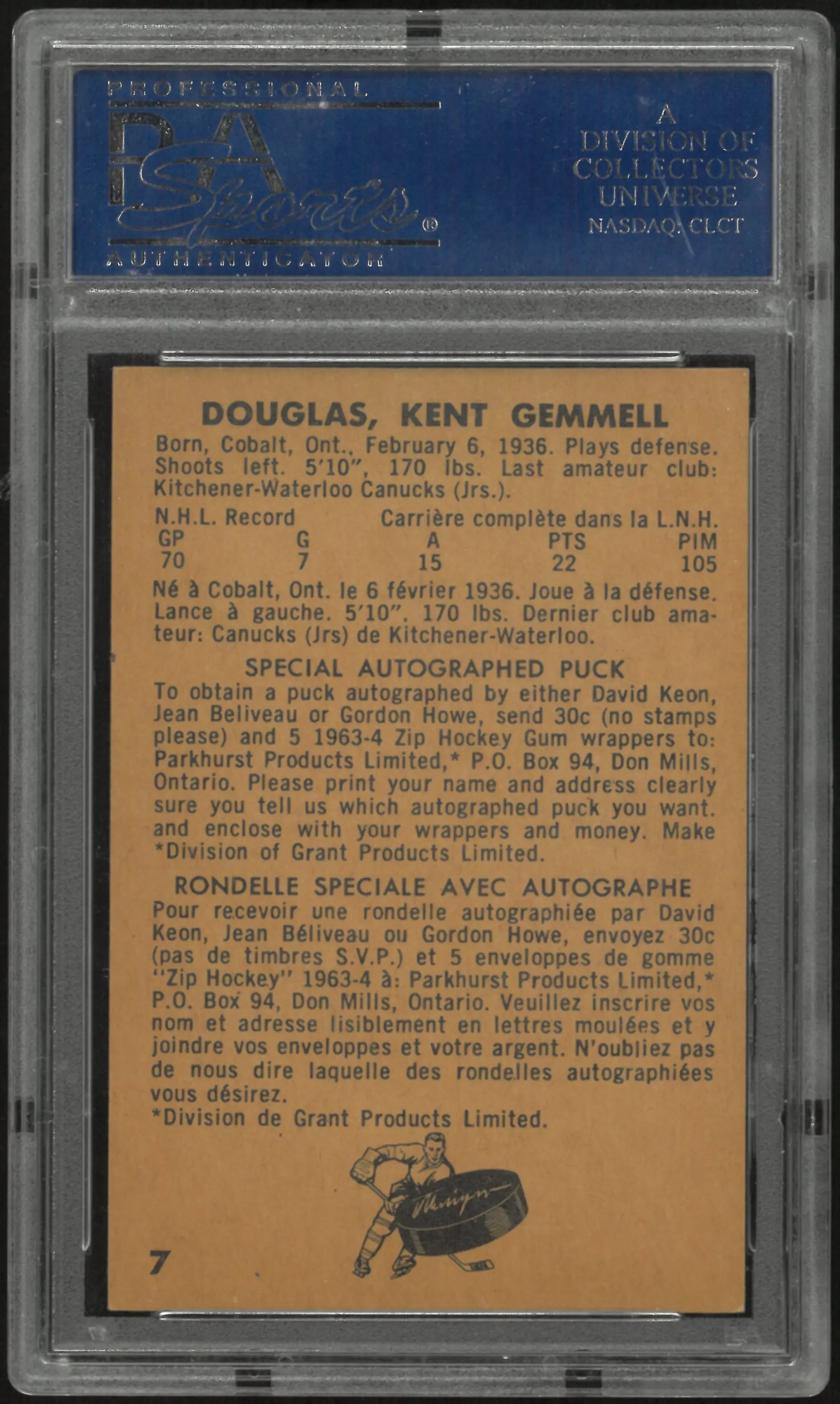 1963 Parkhurst Hockey Kent Douglas PSA 8 