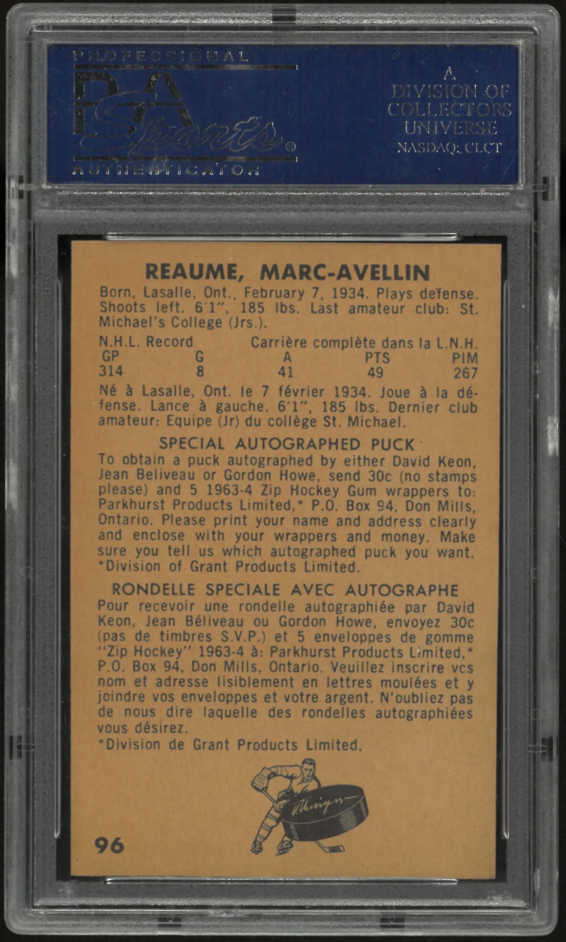 1963 Parkhurst Marc Reaume PSA 8 
