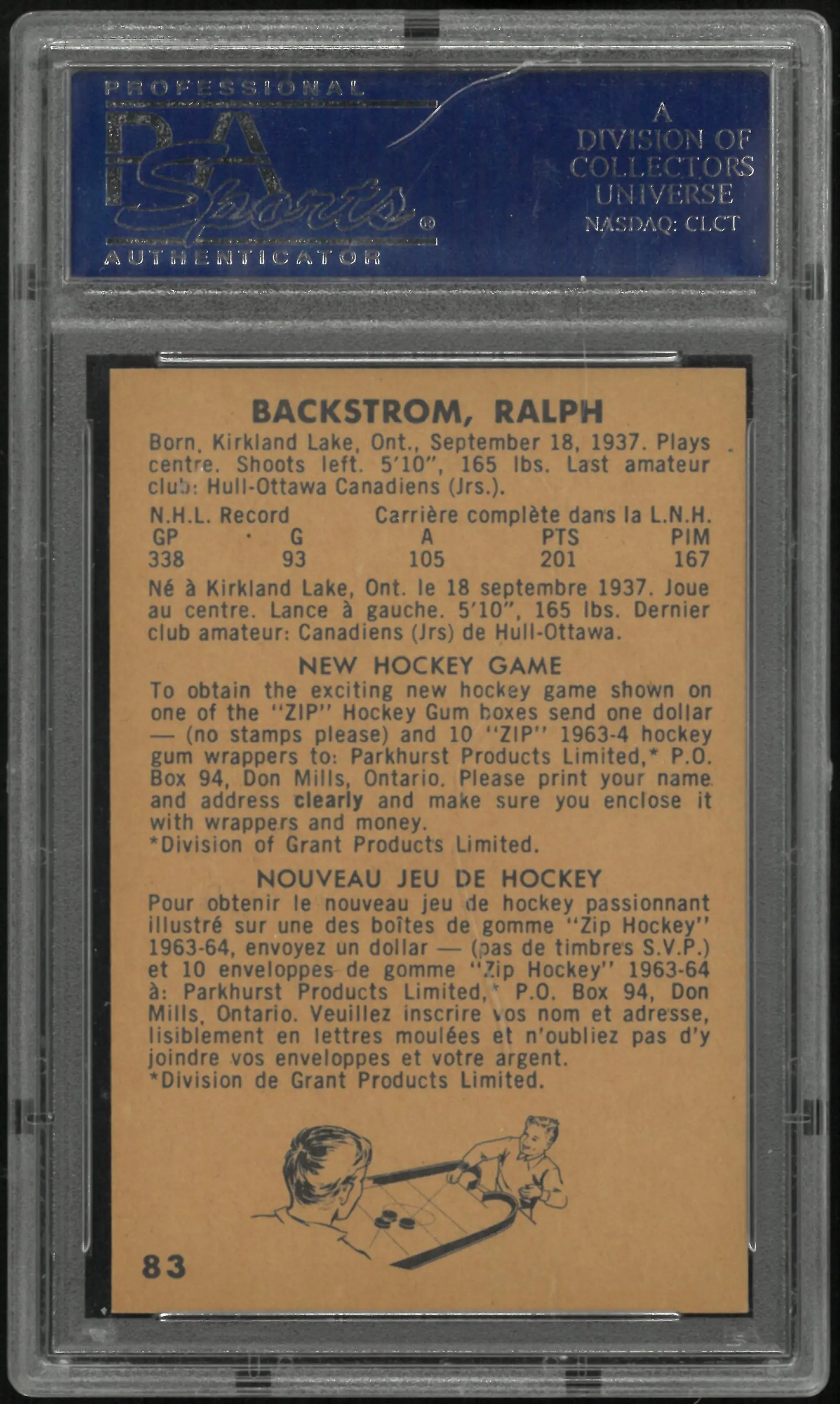 1963 Parkhurst Ralph Backstrom PSA 8 
