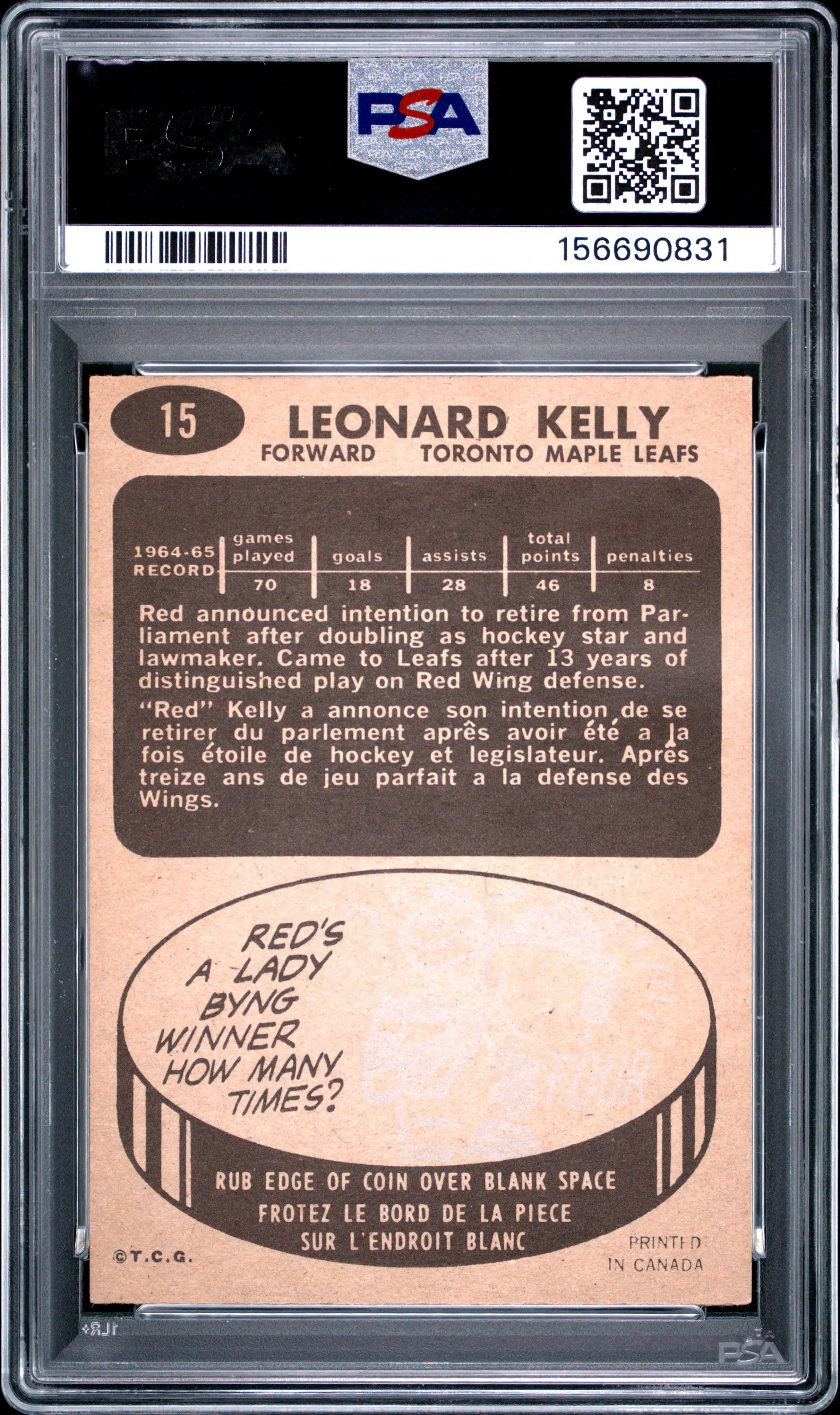 1965 Topps Hockey Red Kelly PSA 6 