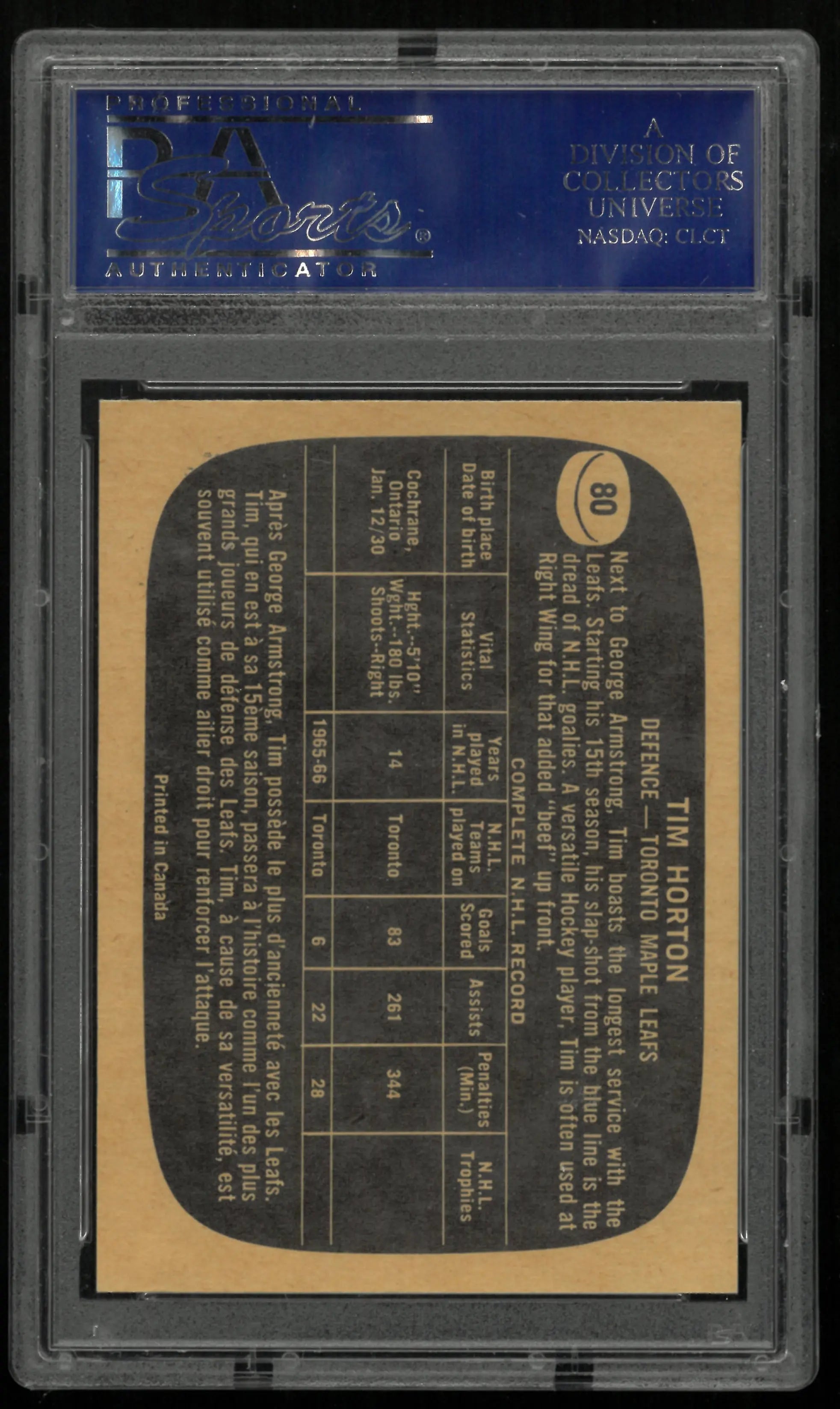 1966 Topps Hockey Tim Horton PSA 7 