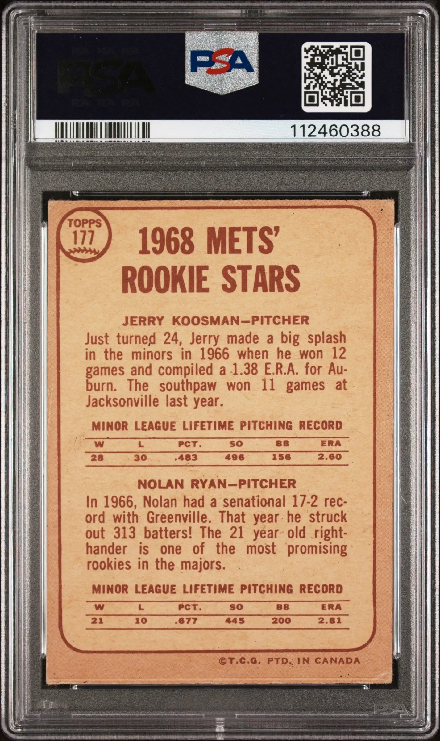 1968 O-Pee-Chee Baseball Mets Rookies Koosman Ryan PSA 3 #177 