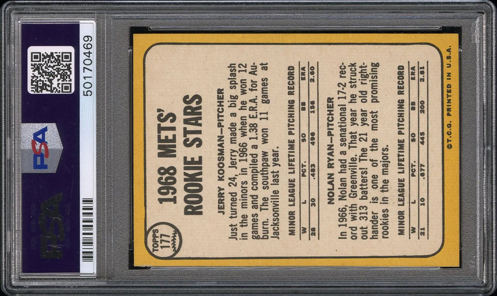 1968 Topps Mets Rookies Koosman Nolan Ryan RC Rookie PSA 6 #177 
