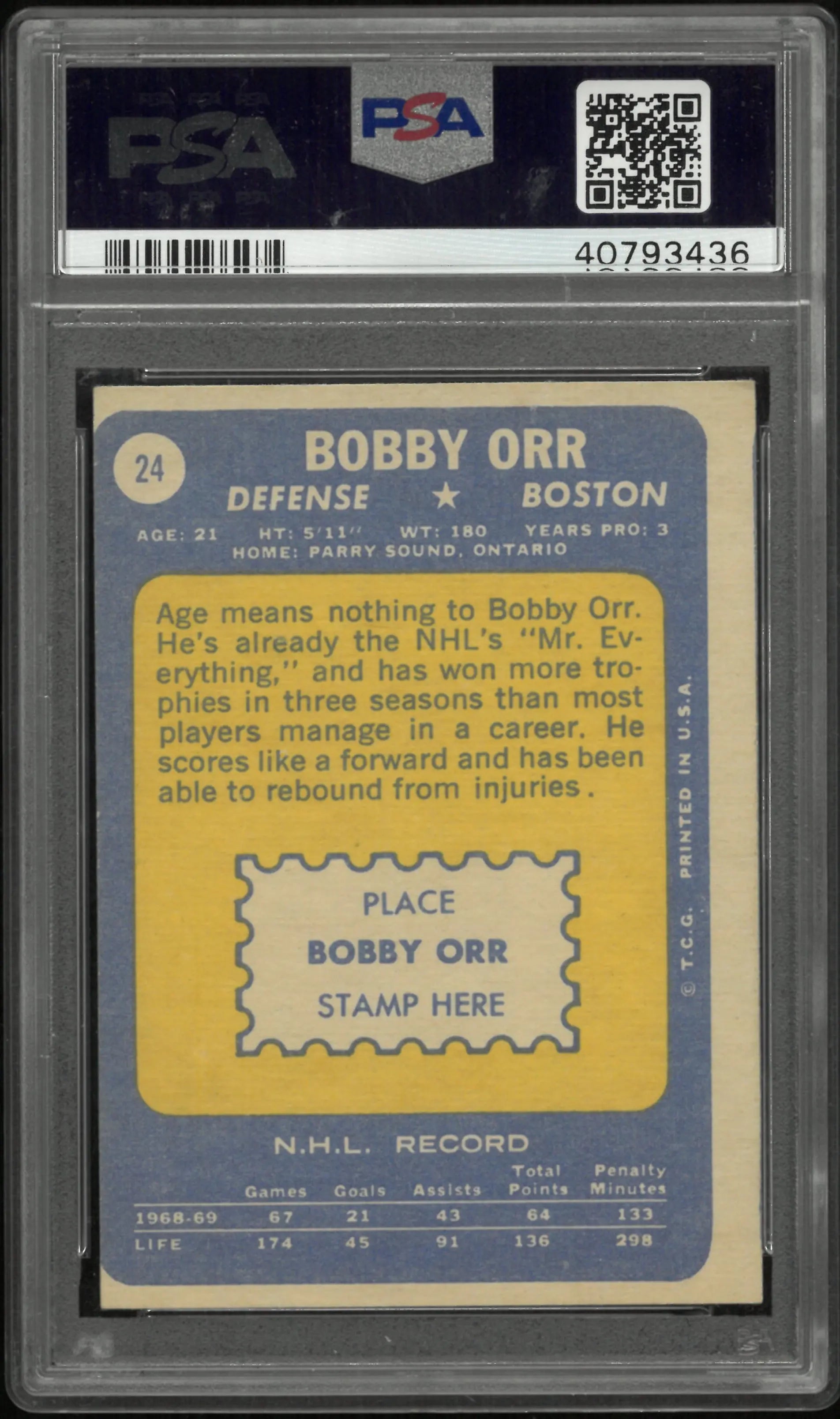 1969 Topps Hockey Bobby Orr #24 MC PSA 6 