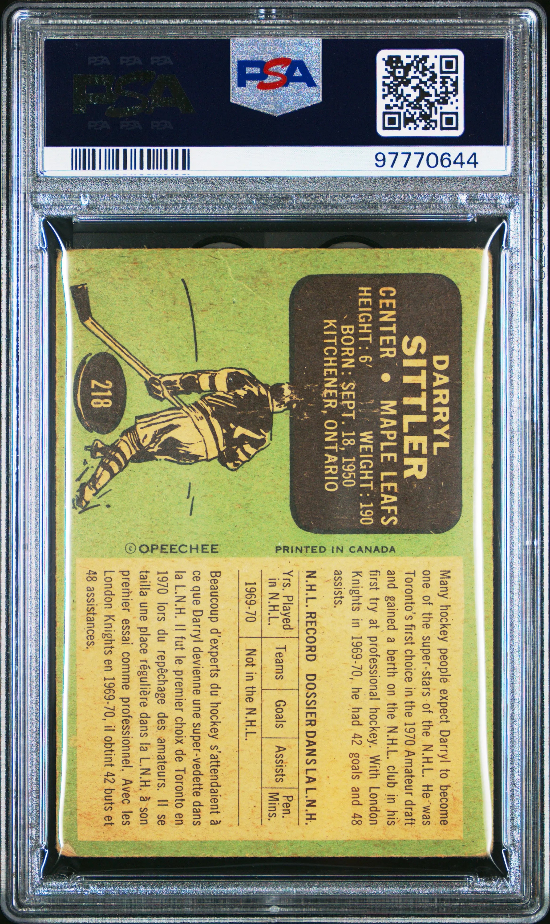 1970 O-Pee-Chee OPC Hockey Darryl Sittler PSA 1 