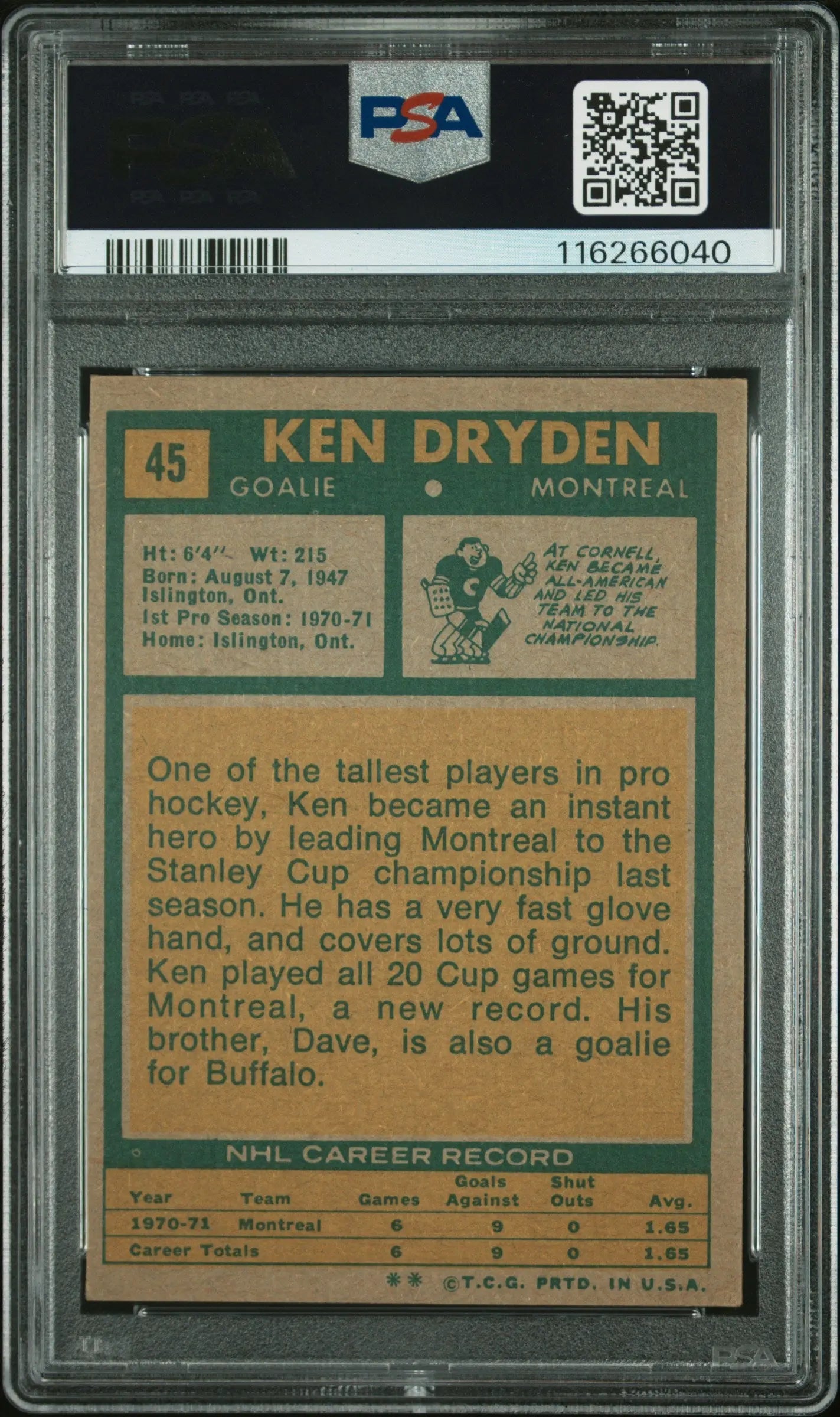 1971-72 Topps Hockey Ken Dryden RC Rookie #45 PSA 5 Montreal Canadiens 