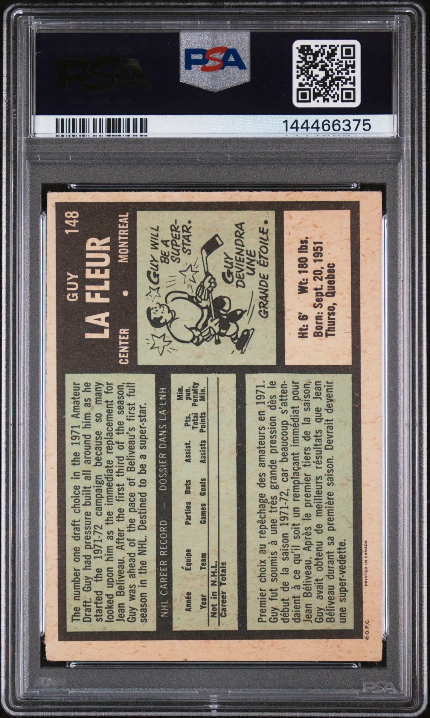 1971 O-Pee-Chee OPC Hockey Guy La Fleur RC Rookie #148 PSA 2 