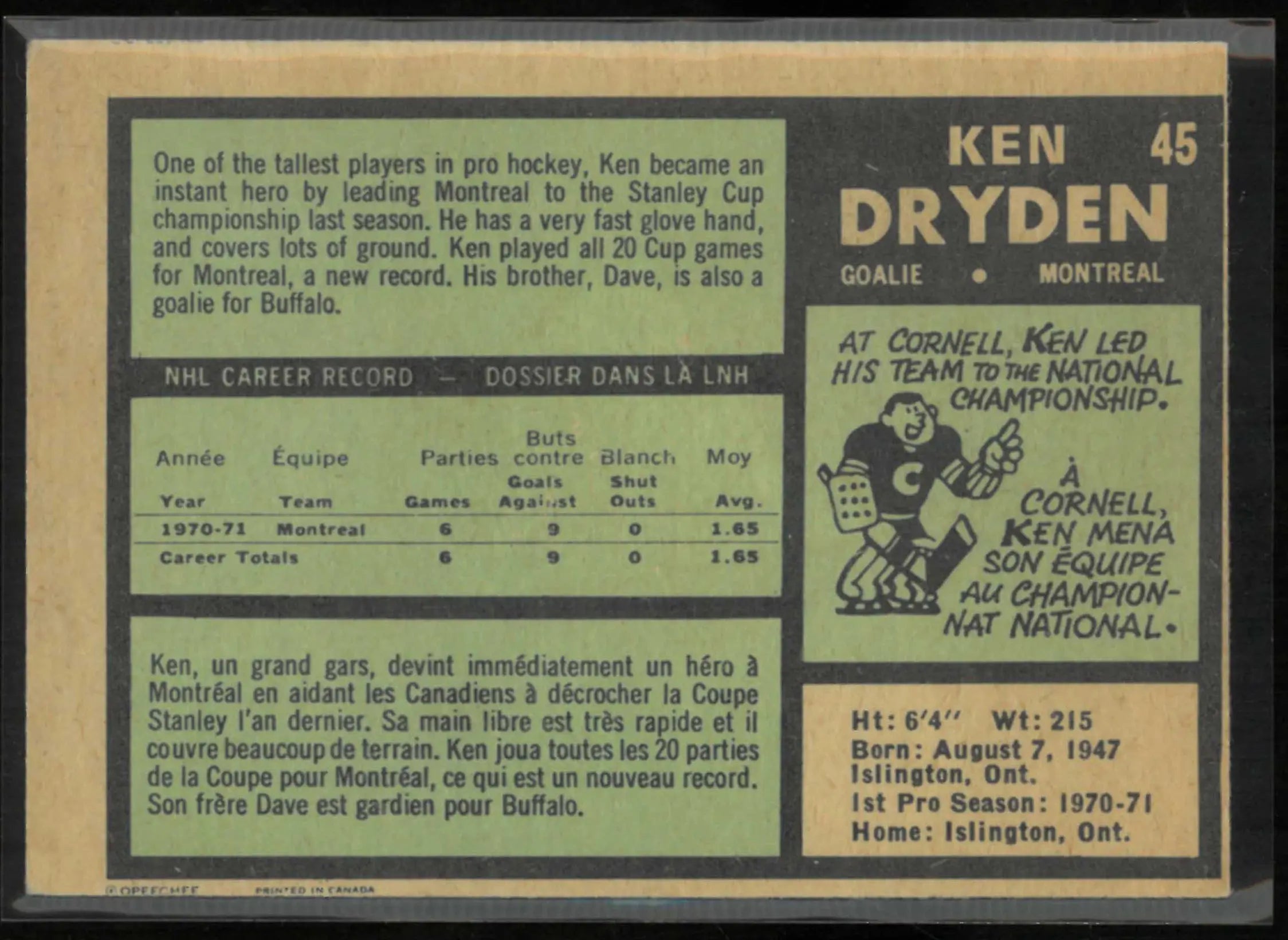 1971 O-Pee-Chee OPC Hockey Ken Dryden 