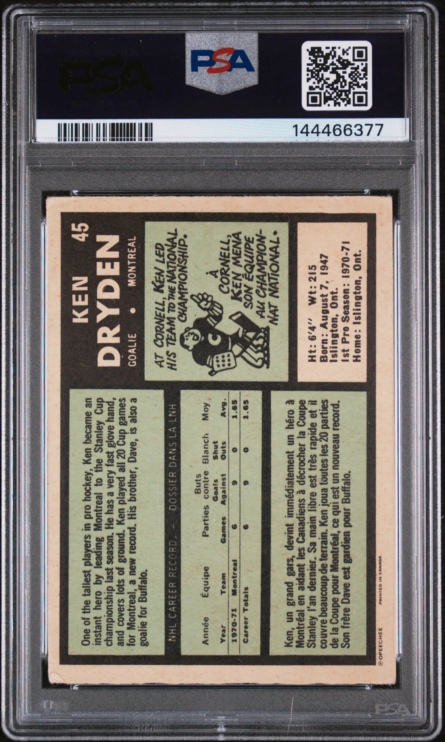 1971 O-Pee-Chee OPC Ken Dryden RC Rookie #45 PSA 2 NEW CERT 