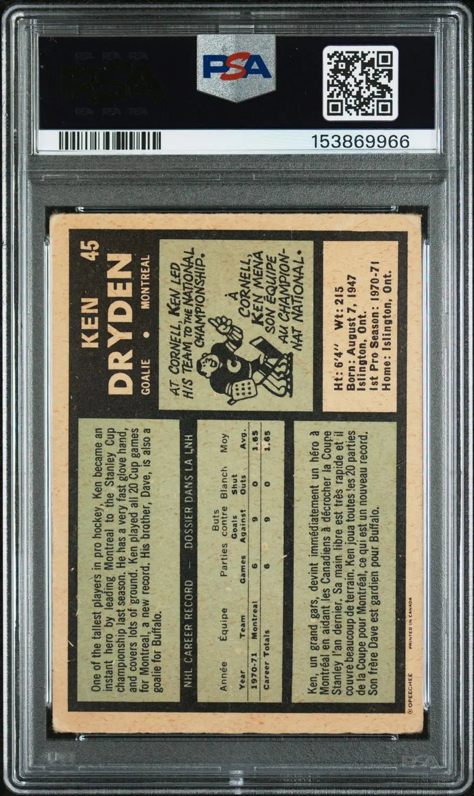 1971 O-Pee-Chee OPC Rookie Ken Dryden RC PSA 1.5 