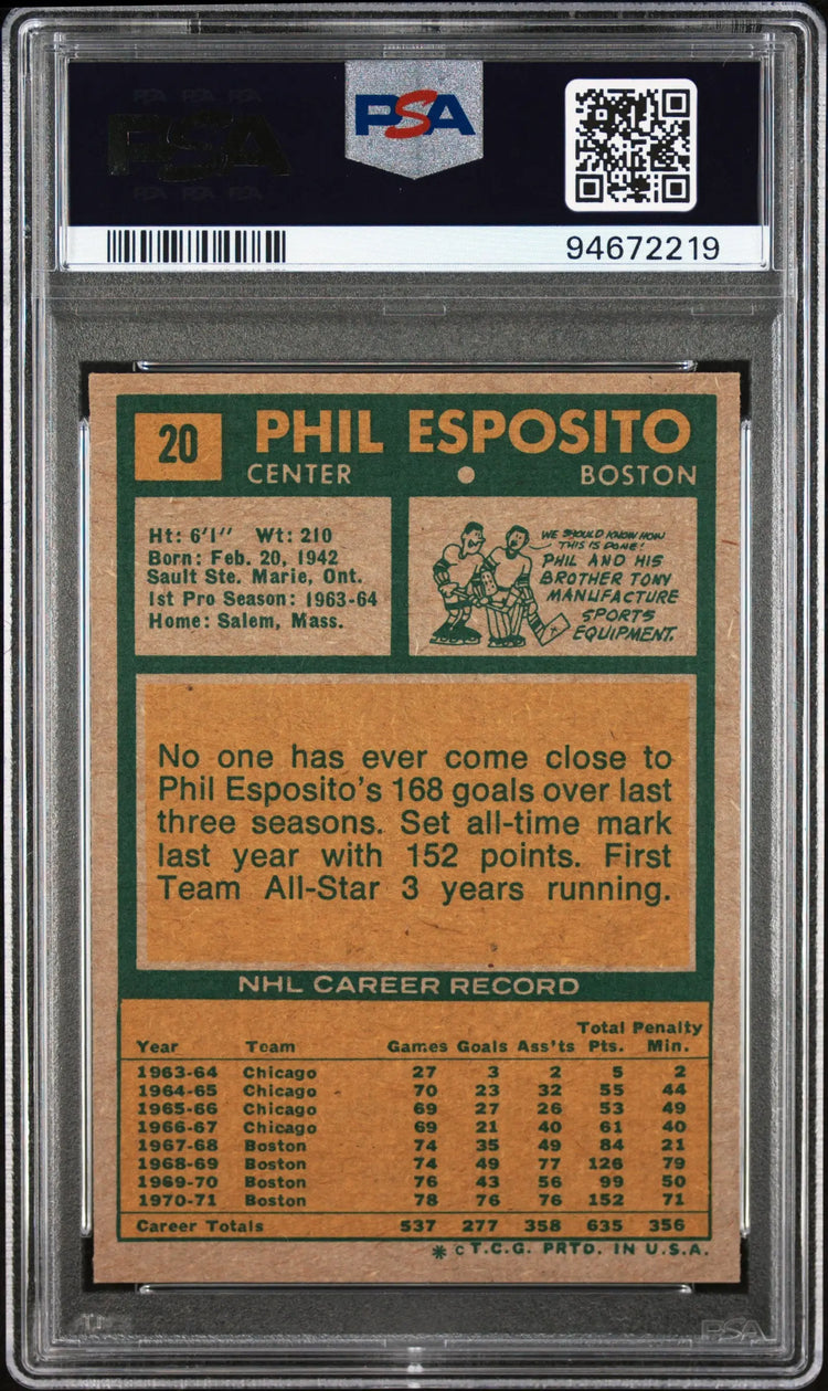 1971 Topps Hockey Phil Esposito PSA 8 