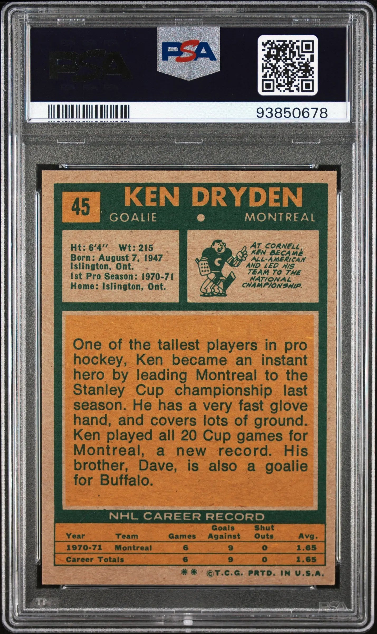 1971 Topps Ken Dryden #45 PSA 5 