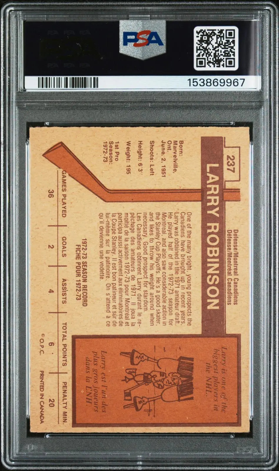 1973 O-Pee-Chee OPC Hockey Rookie Larry Robinson RC PSA 4 
