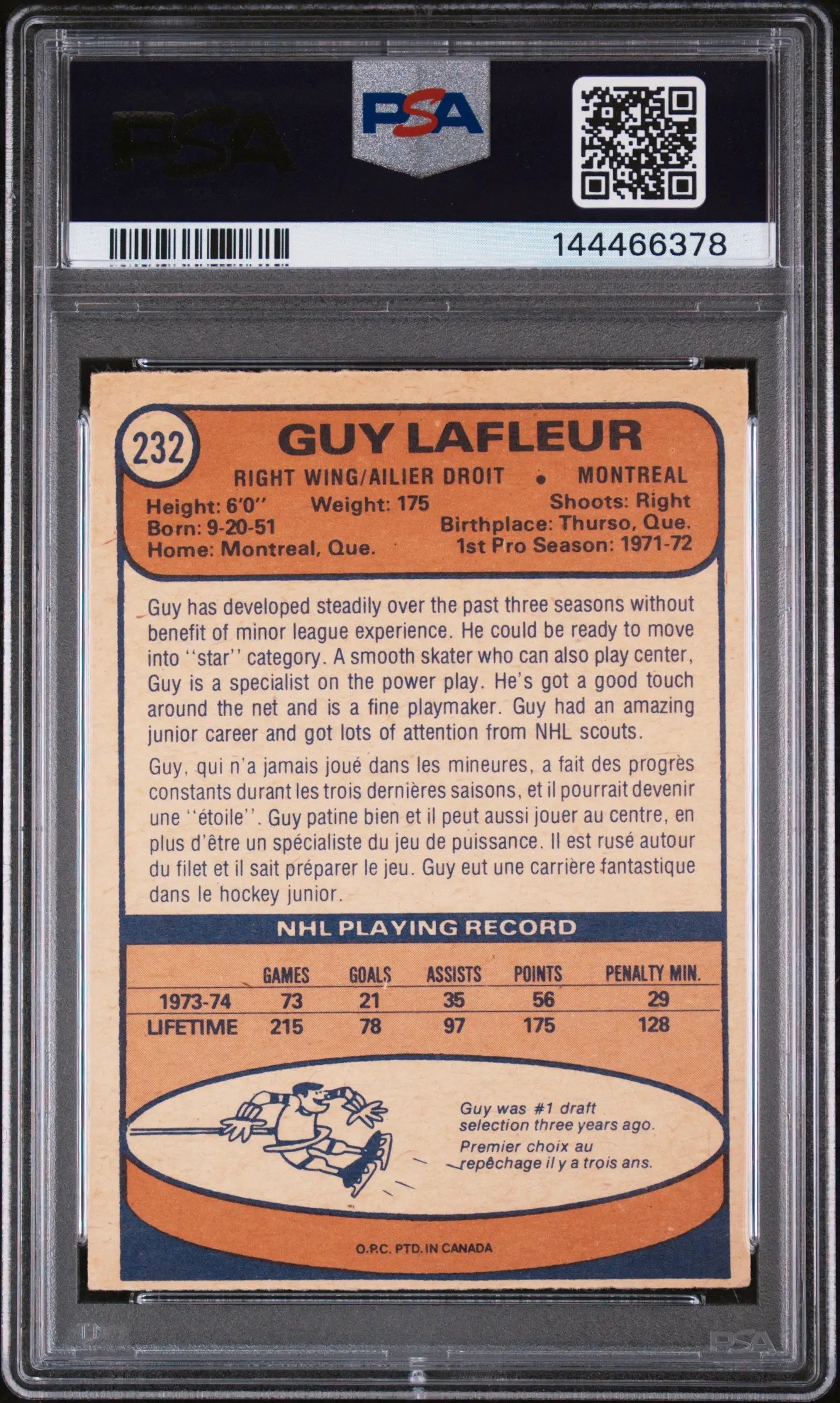 1974 O-Pee-Chee OPC Hockey Guy Lafleur #232 PSA 4 NEW CERT 