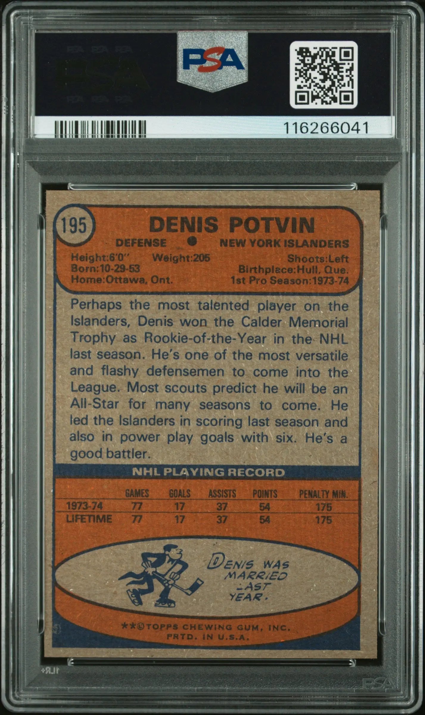 1974 Topps Hockey Denis Potvin #195 PSA 8 LOW POP 