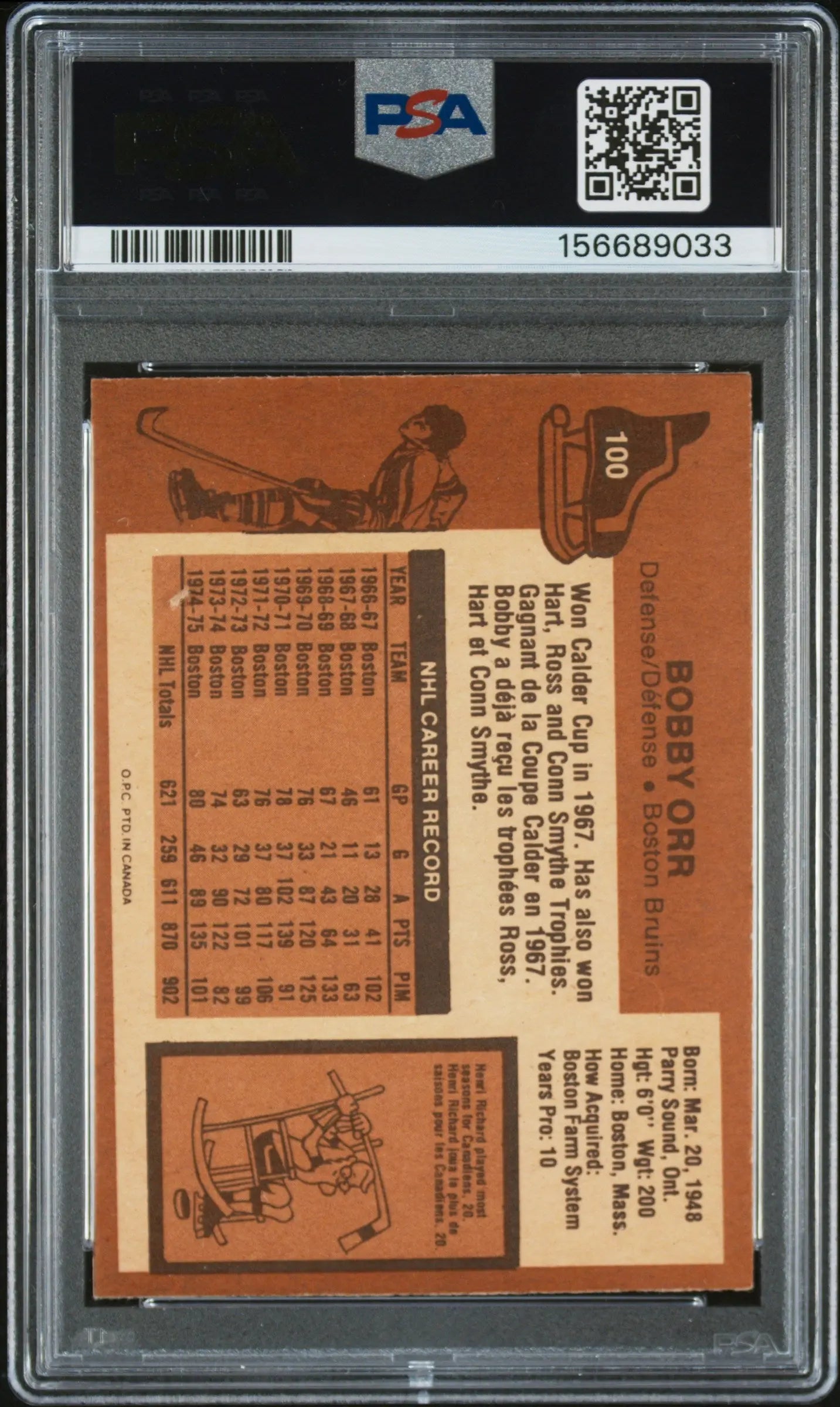 1975 O-Pee-Chee OPC Hockey Bobby Orr  PSA 5 
