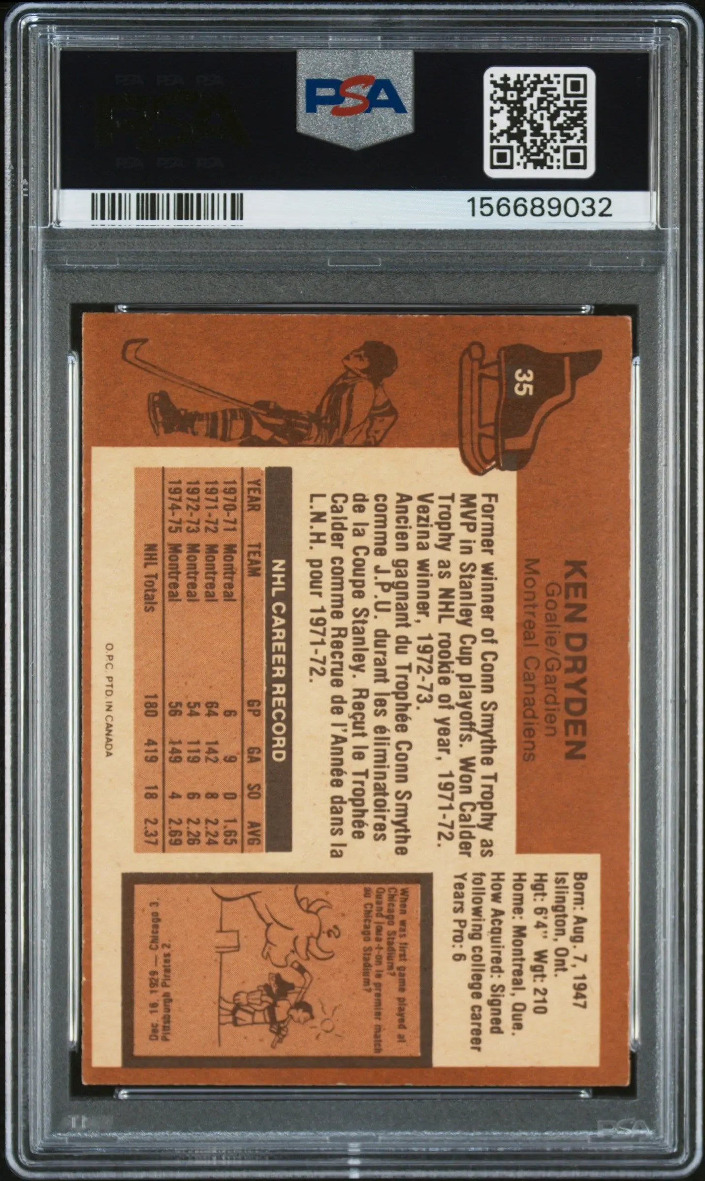 1975 O-Pee-Chee OPC Hockey Ken Dryden PSA 3 