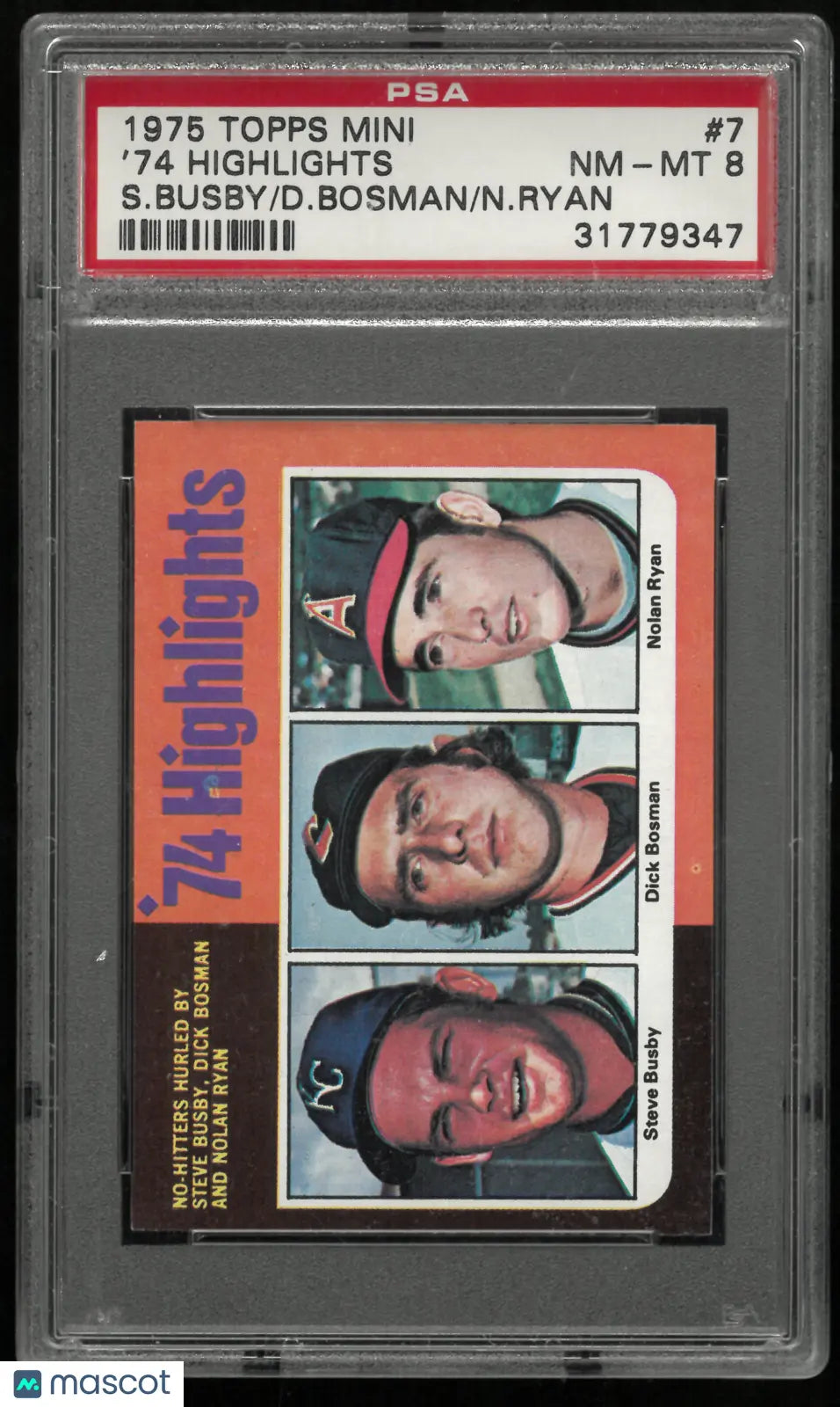 1975 Topps Mini '74 Highlights S. Busby D. Bosman N. Ryan PSA 8 