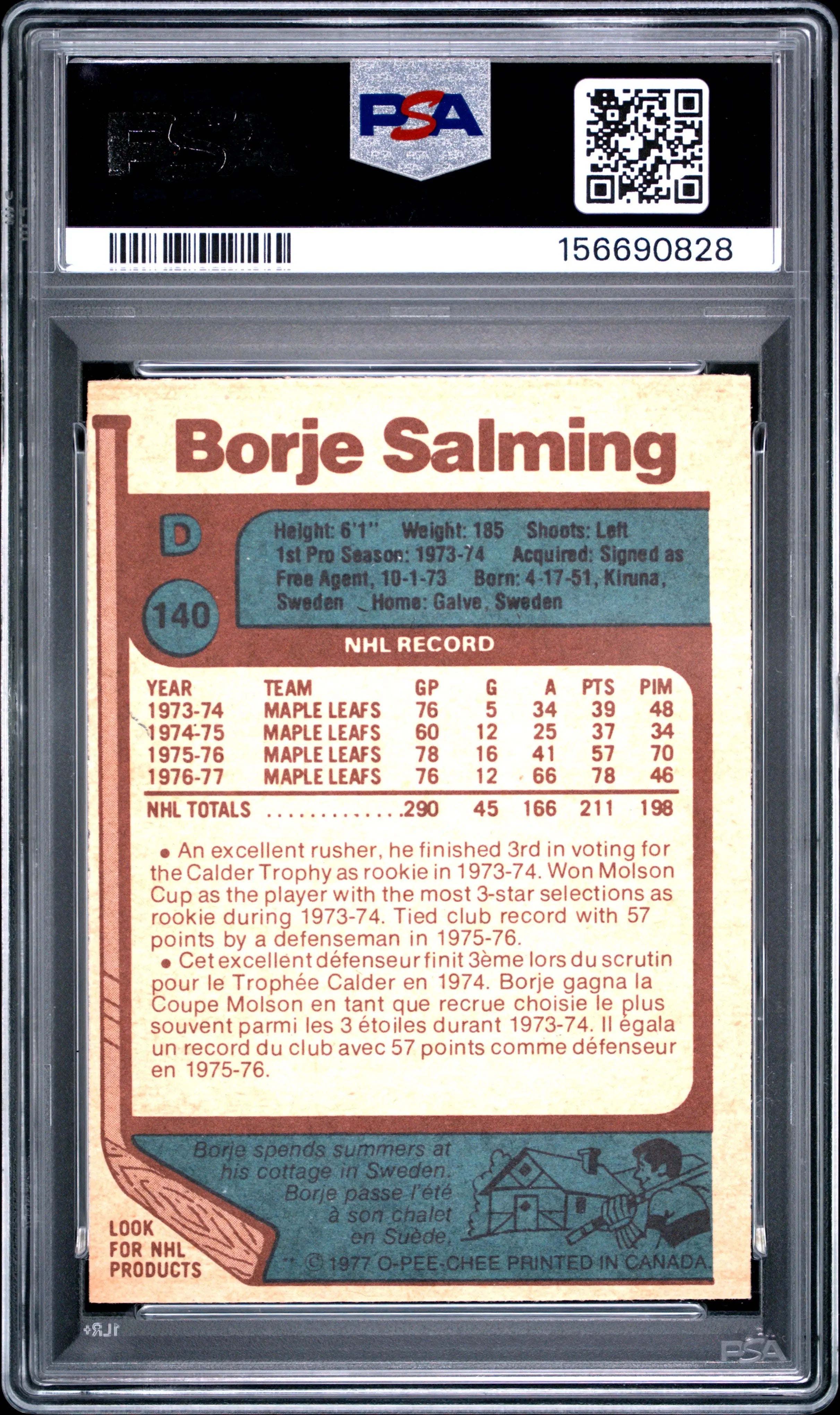 1977 O-Pee-Chee OPC Hockey Borje Salming PSA 9 