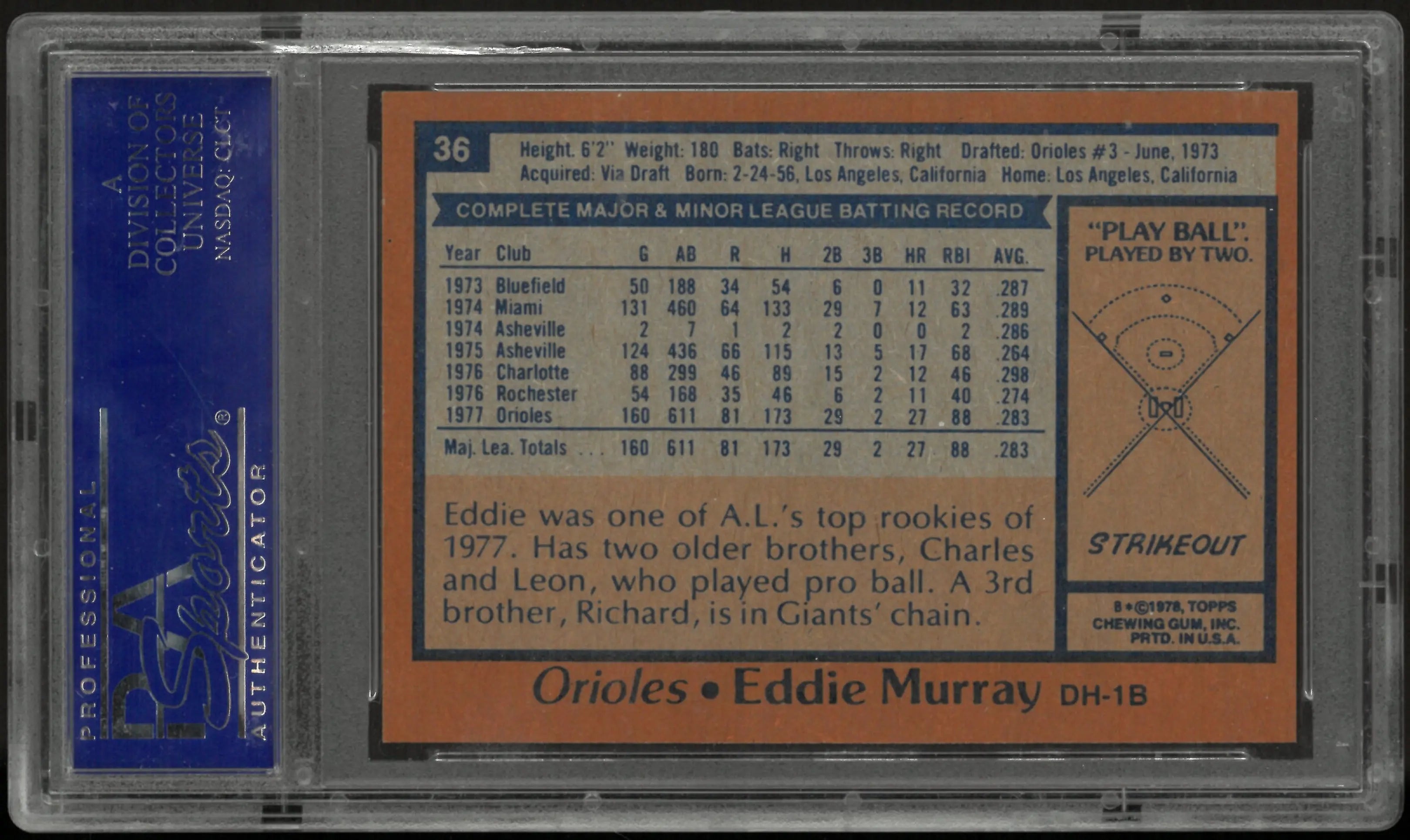 1978 Topps Baseball Eddie Murray RC Rookie O's PSA 9 #36 
