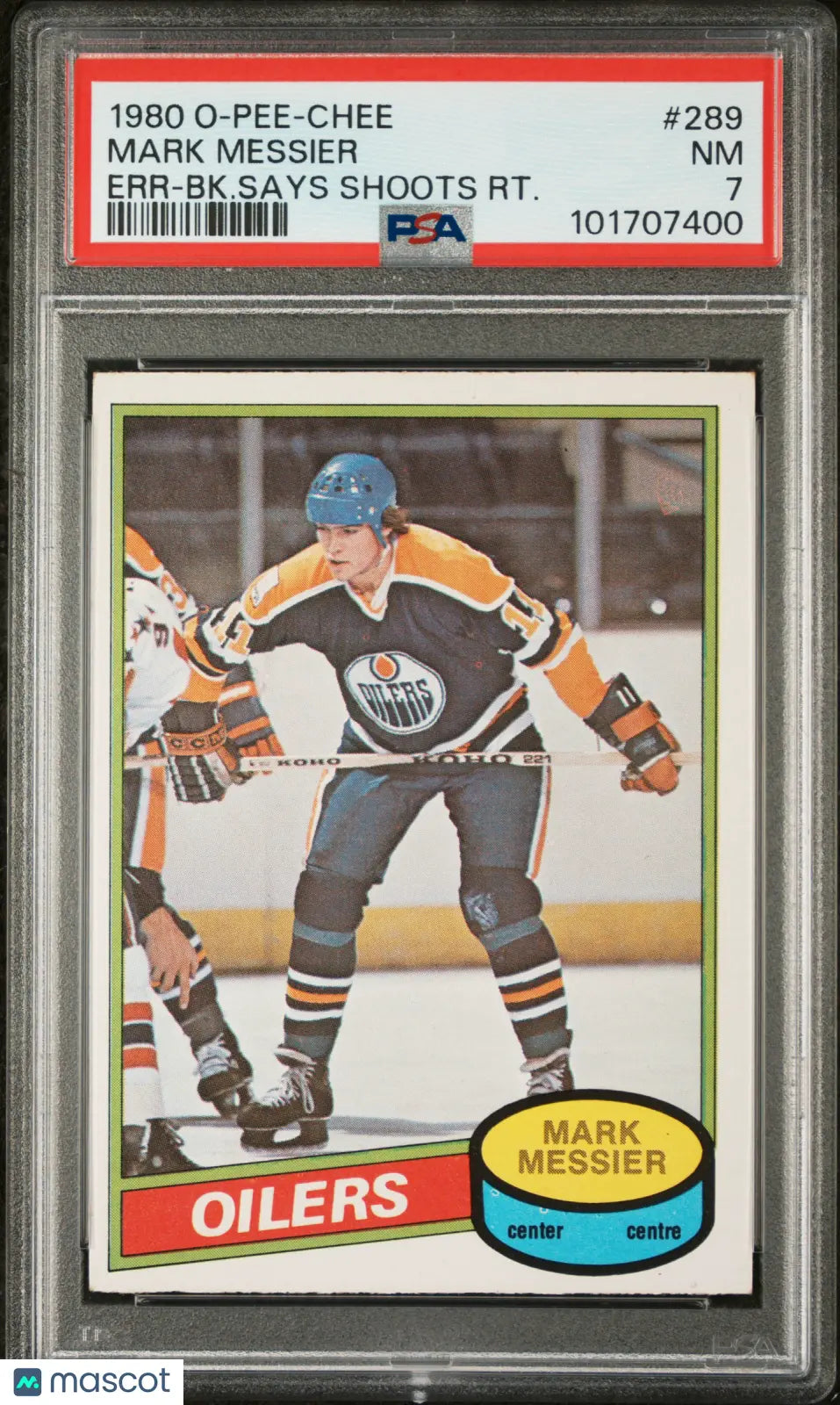 1980 O-Pee-Chee Hockey Mark Messier Error Back Says Shoots Right PSA 7 #289 