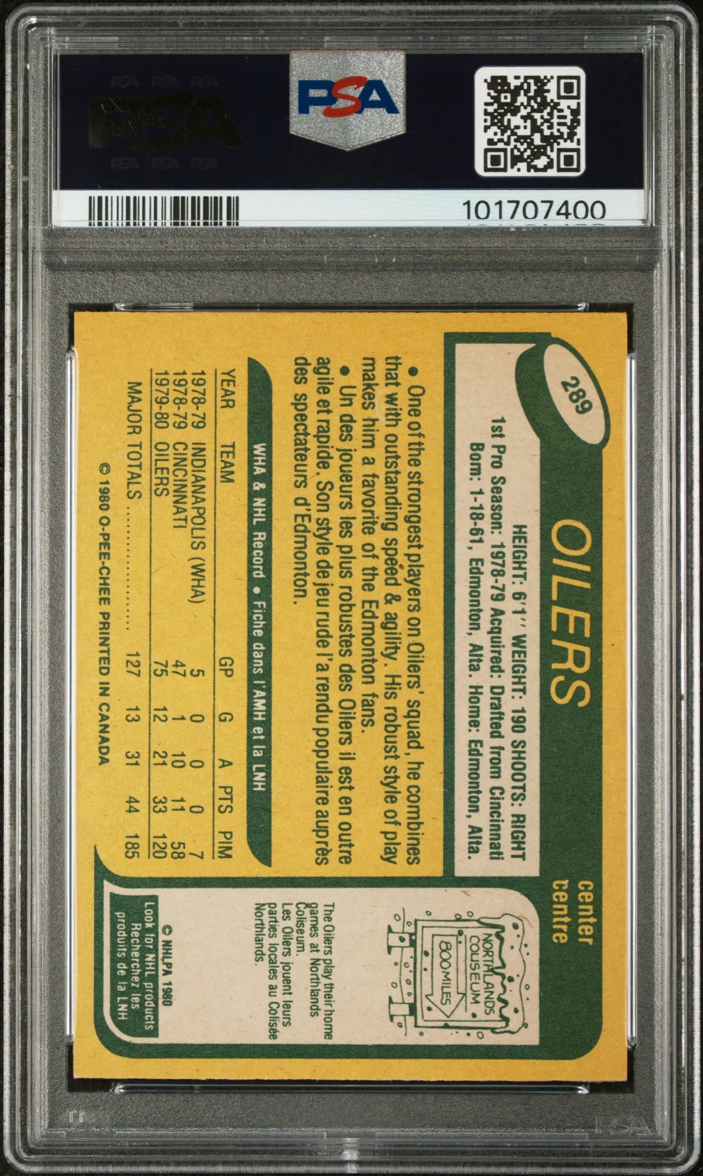 1980 O-Pee-Chee Hockey Mark Messier Error Back Says Shoots Right PSA 7 #289 