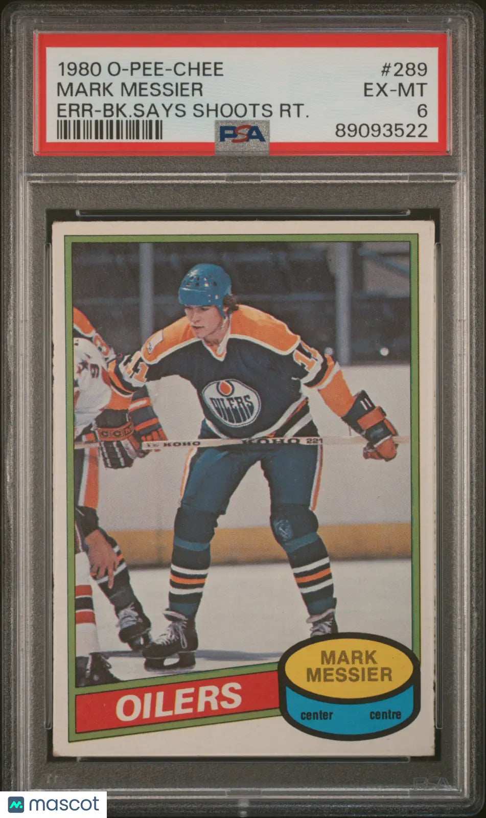 1980 O-Pee-Chee Mark Messier #289 Err BK. Says Shoots RT. PSA 6 