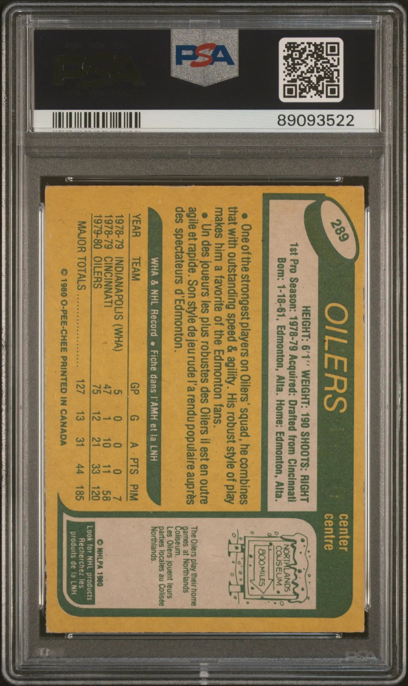 1980 O-Pee-Chee Mark Messier #289 Err BK. Says Shoots RT. PSA 6 