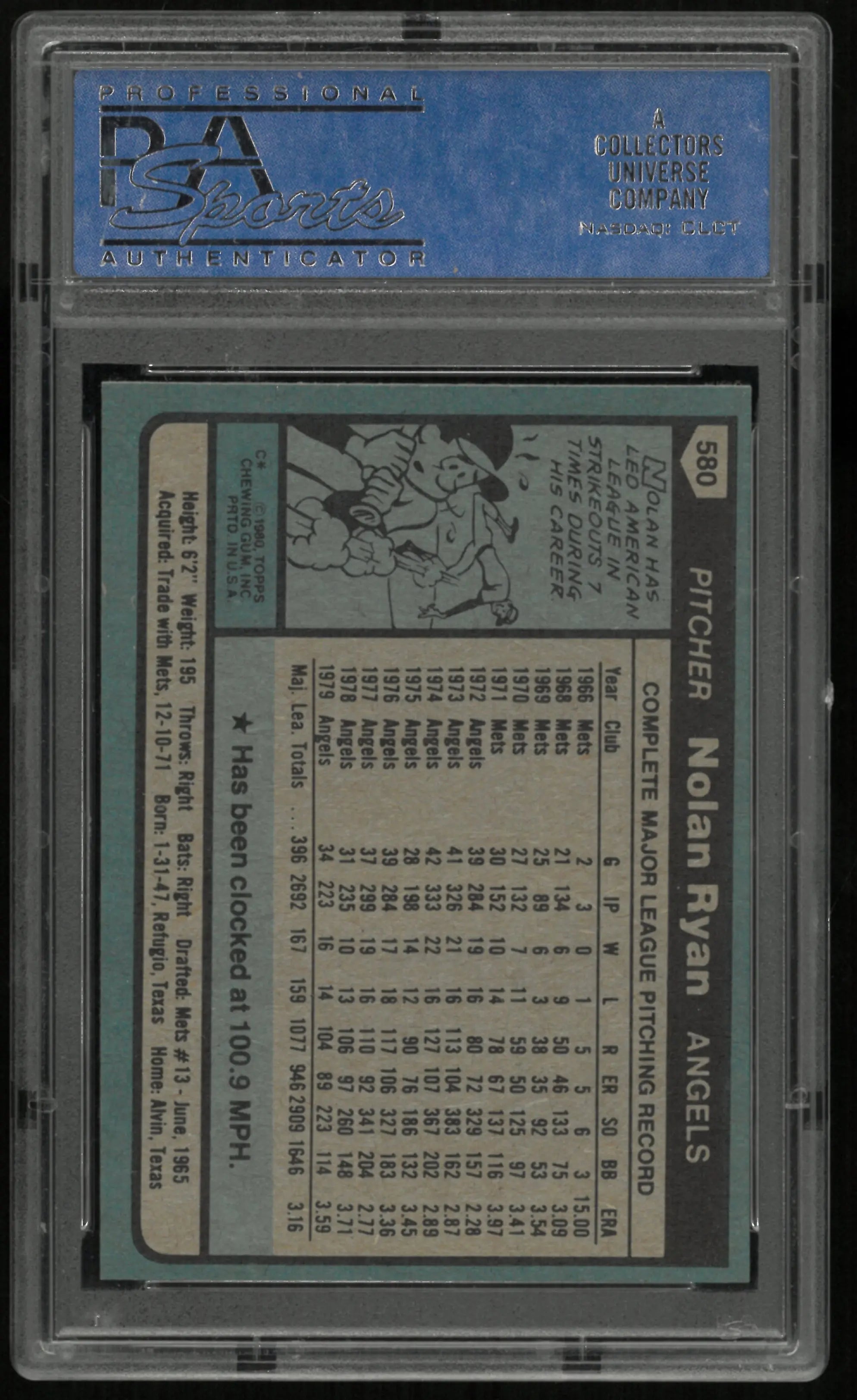 1980 Topps Baseball Nolan Ryan #580 PSA 8 