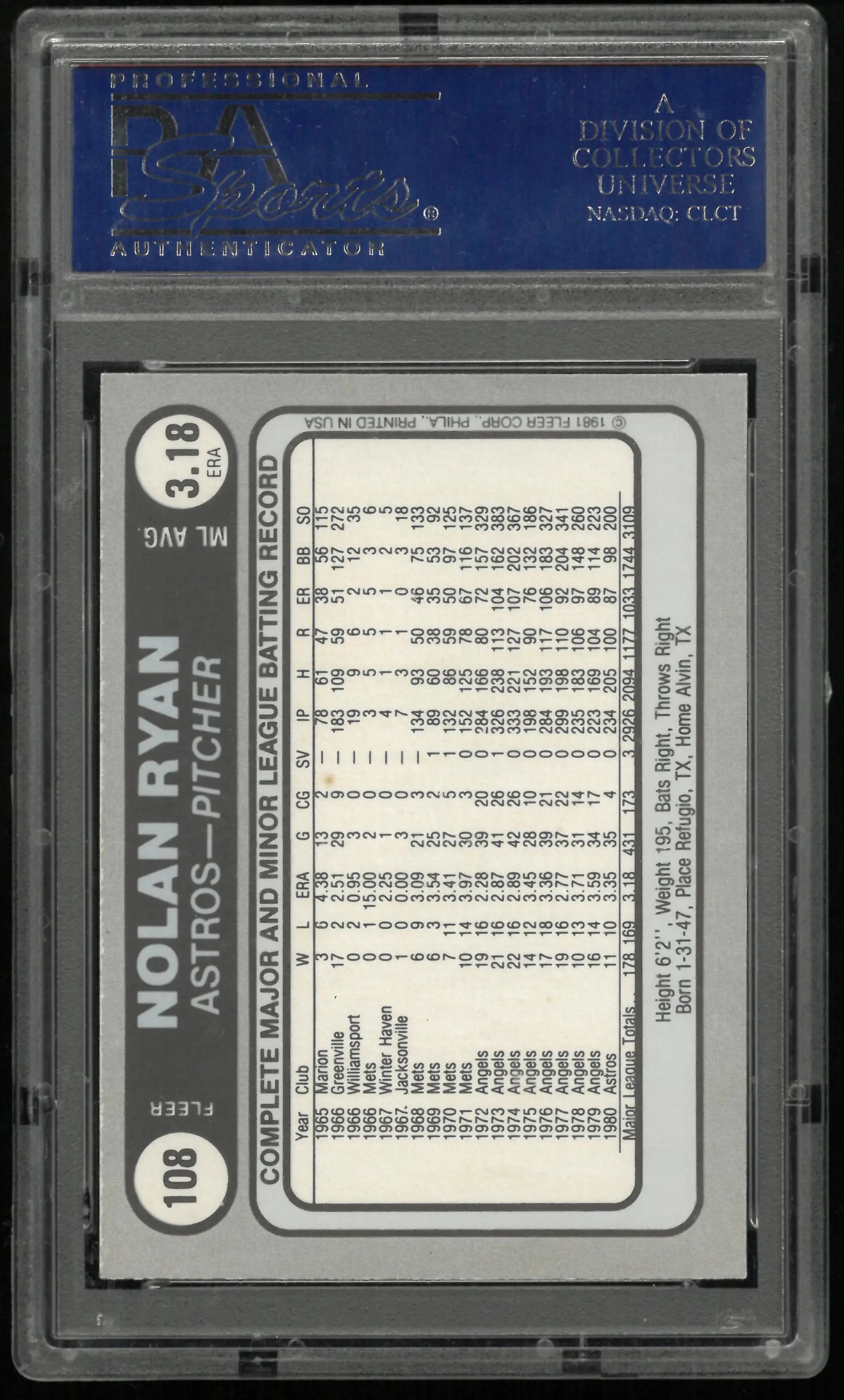 1981 Fleer Star Stickers Nolan Ryan PSA 8 