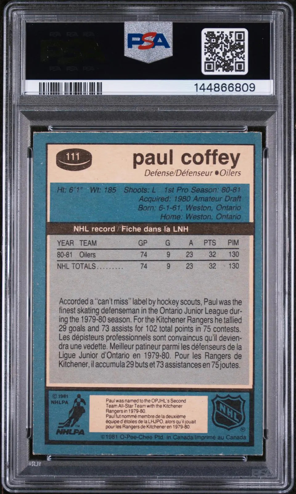1981 O-Pee-Chee OPC Hockey Paul Coffey PSA 6 