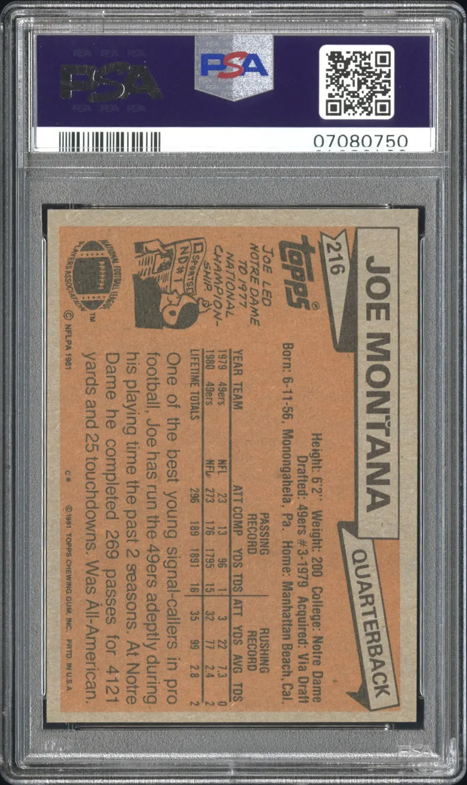 1981 Topps Football Joe Montana RC Rookie #216 PSA 10 