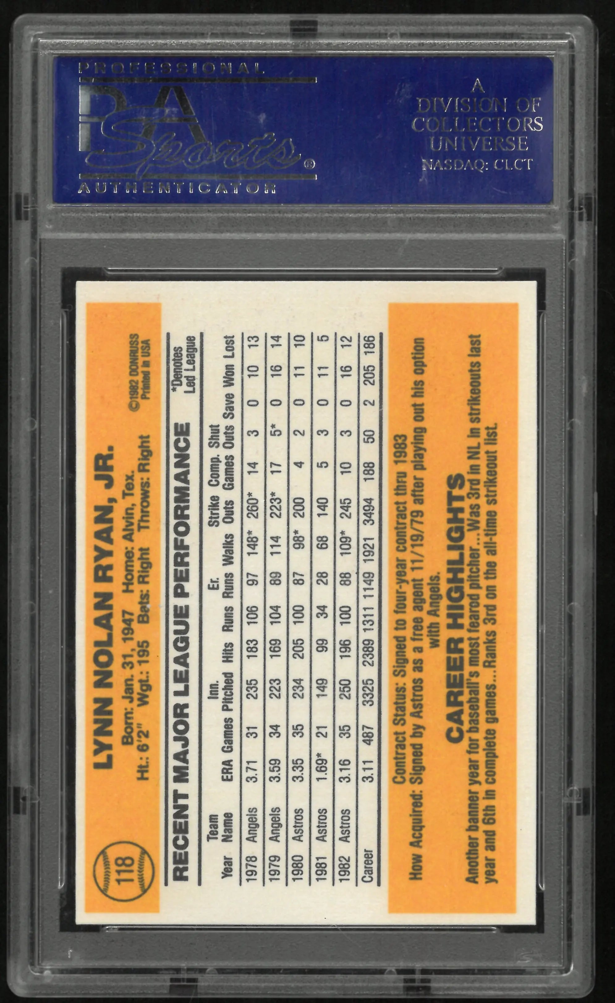 1983 Donruss Baseball Nolan Ryan #118 PSA 9 