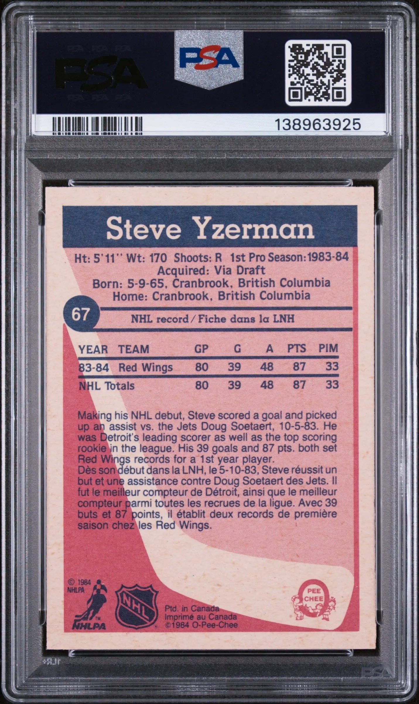 1984 O-Pee-Chee Hockey Steve Yzerman PSA 9 