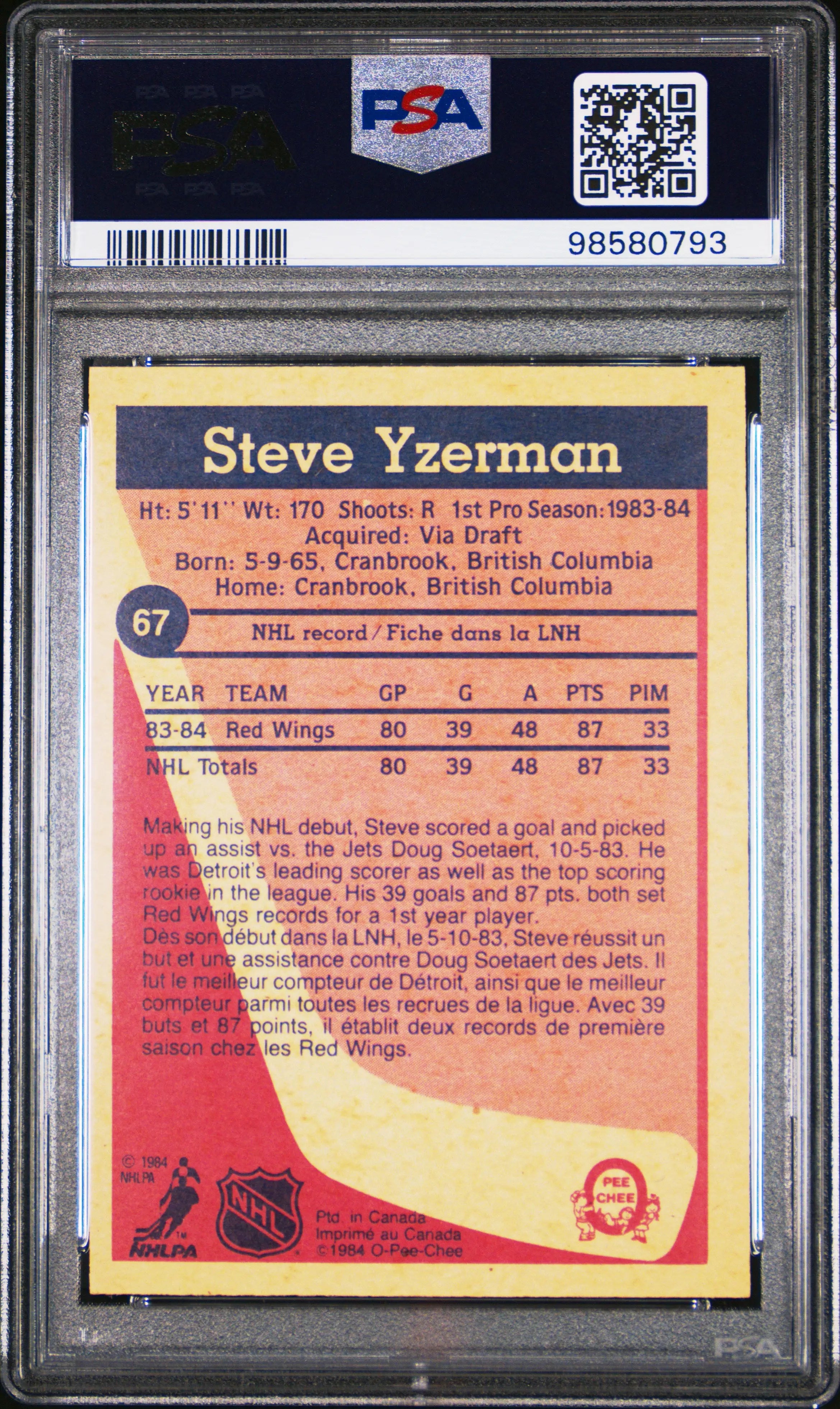 1984 O-Pee-Chee OPC Hockey Steve Yzerman PSA 8 