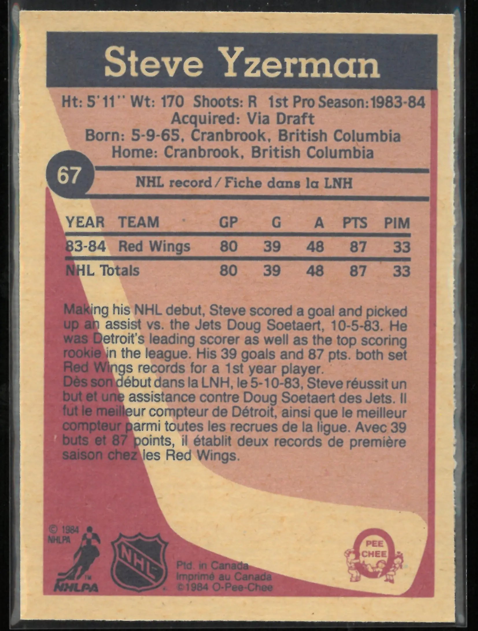 1984 O-Pee-Chee Rookie Steve Yzerman RC 