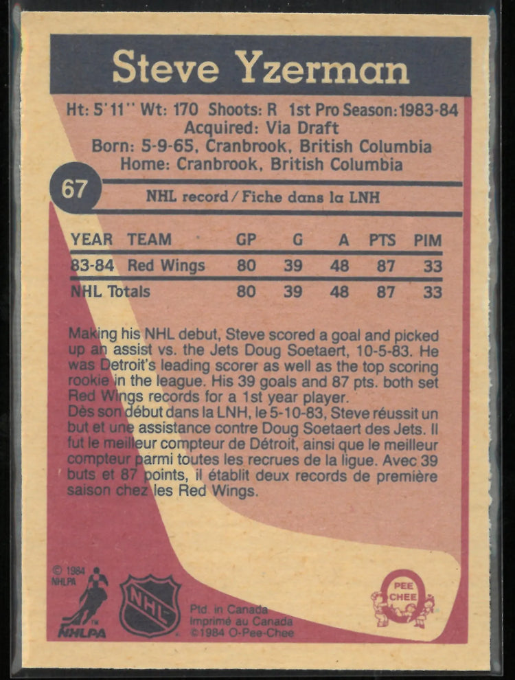 1984 O-Pee-Chee Rookie Steve Yzerman RC 