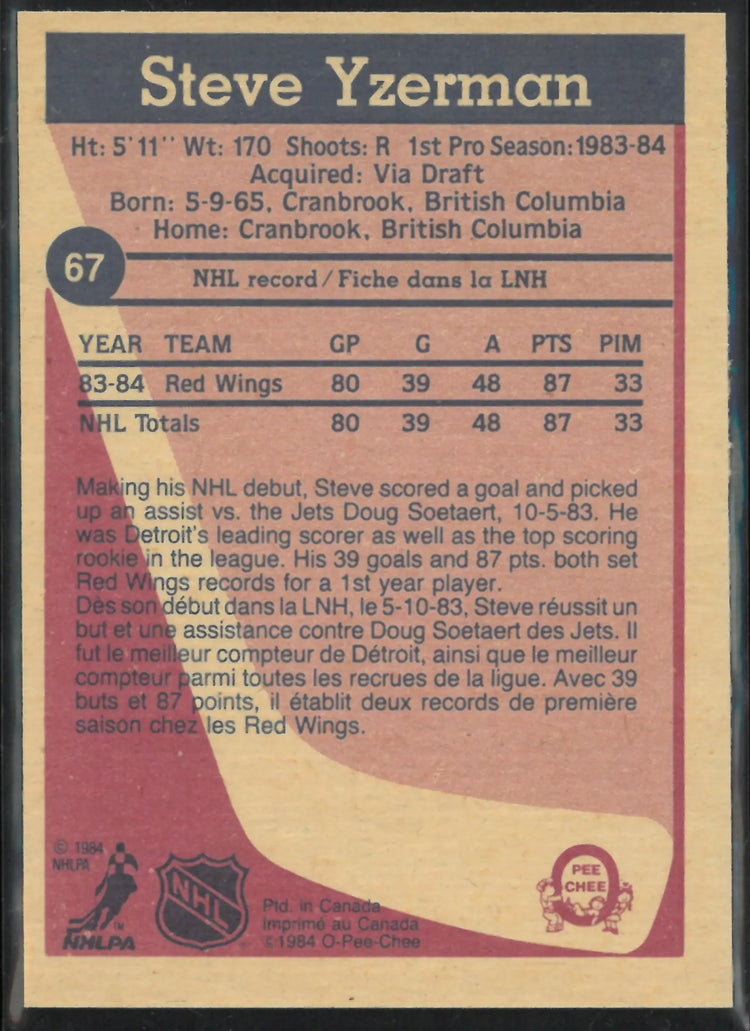 1984 O-Pee-Chee Rookie Steve Yzerman RC 