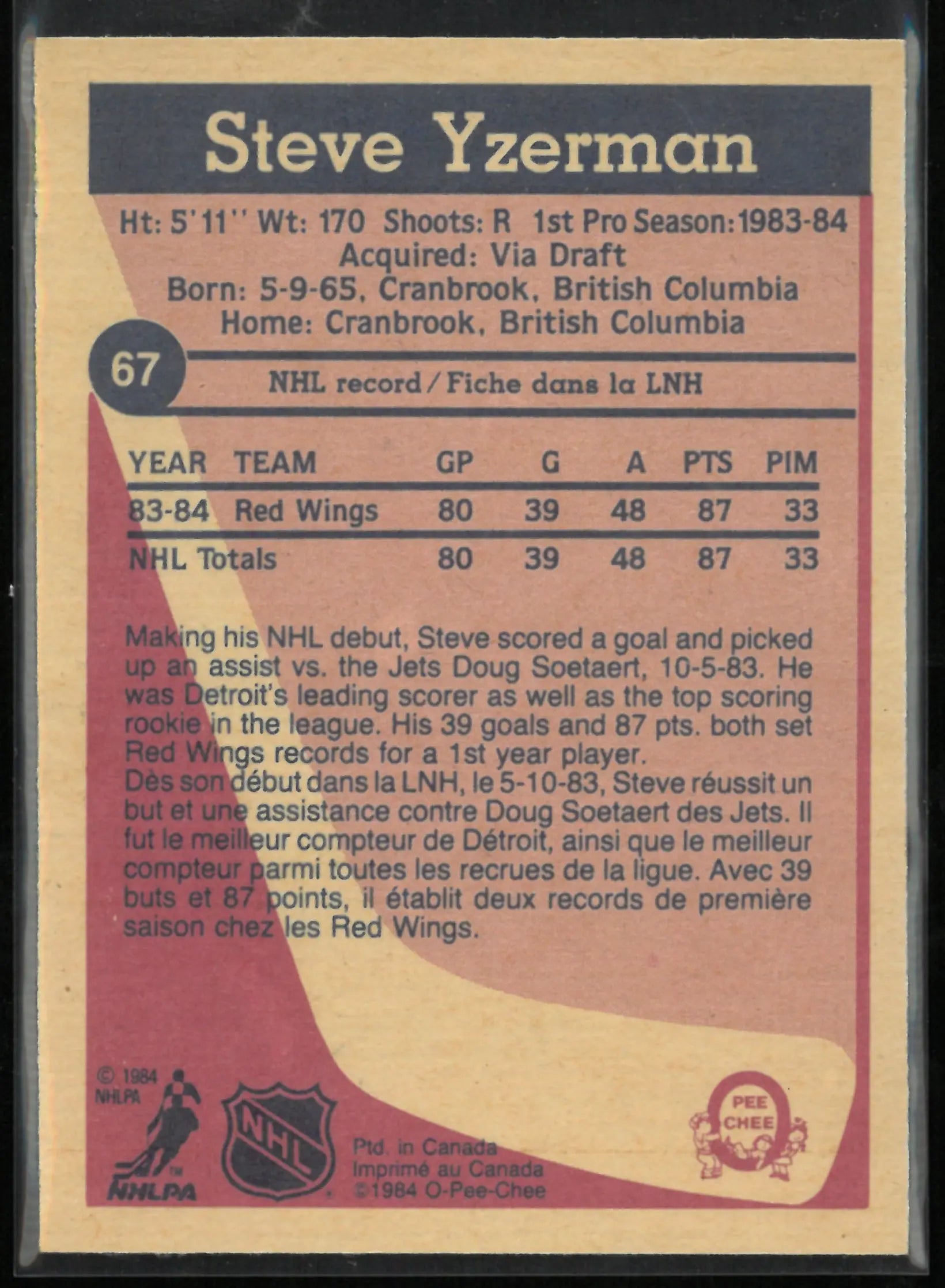 1984 O-Pee-Chee Rookie Steve Yzerman RC 