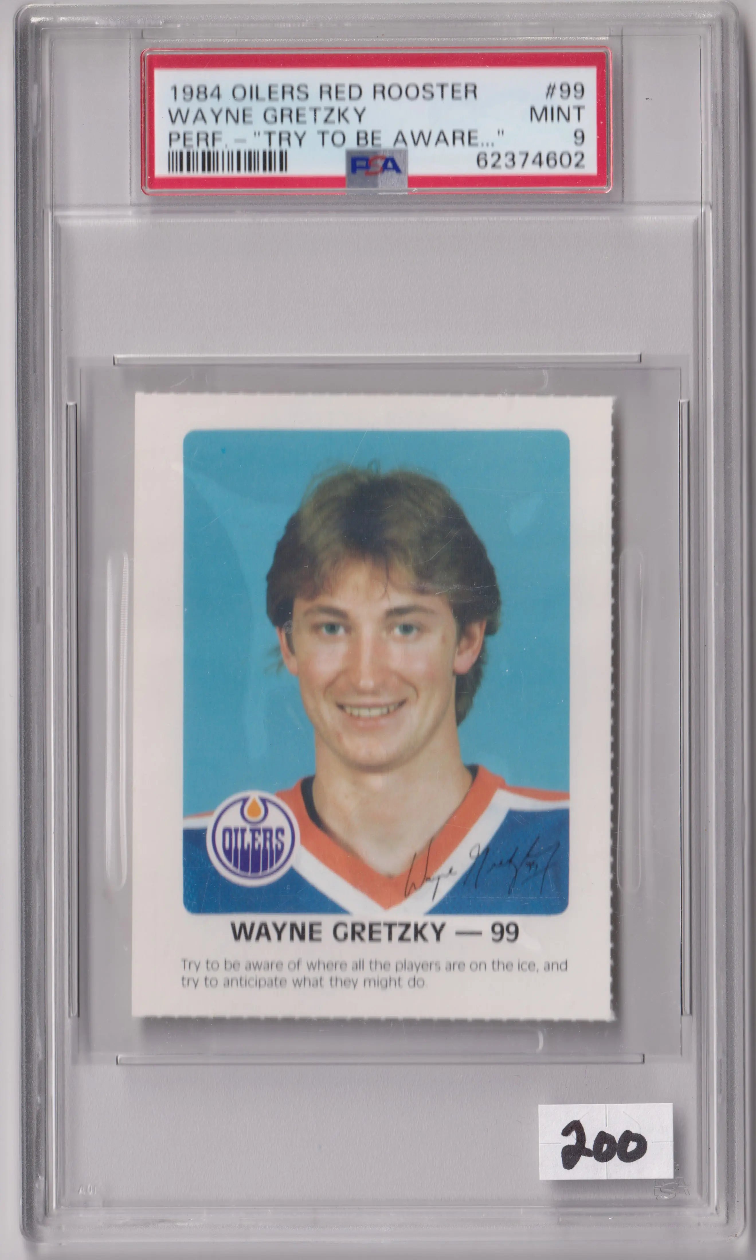 1984 Oilers Red Rooster Wayne Gretzky Perf "Try To Be Aware.. . " PSA 9 